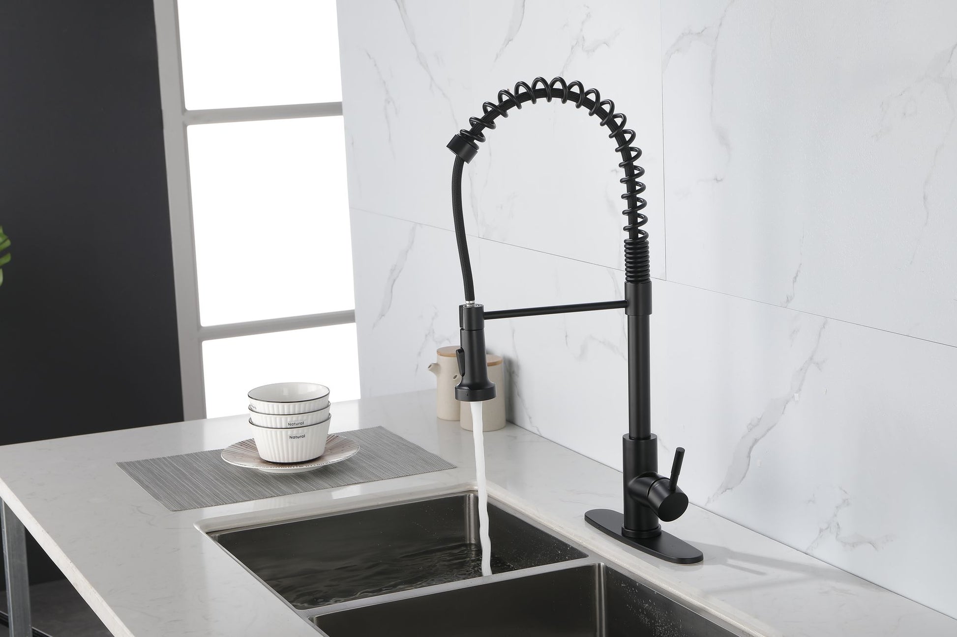 Spring kitchen faucet with pull-out sprayer, stainless steel single handle single hole kitchen sink faucet image 8