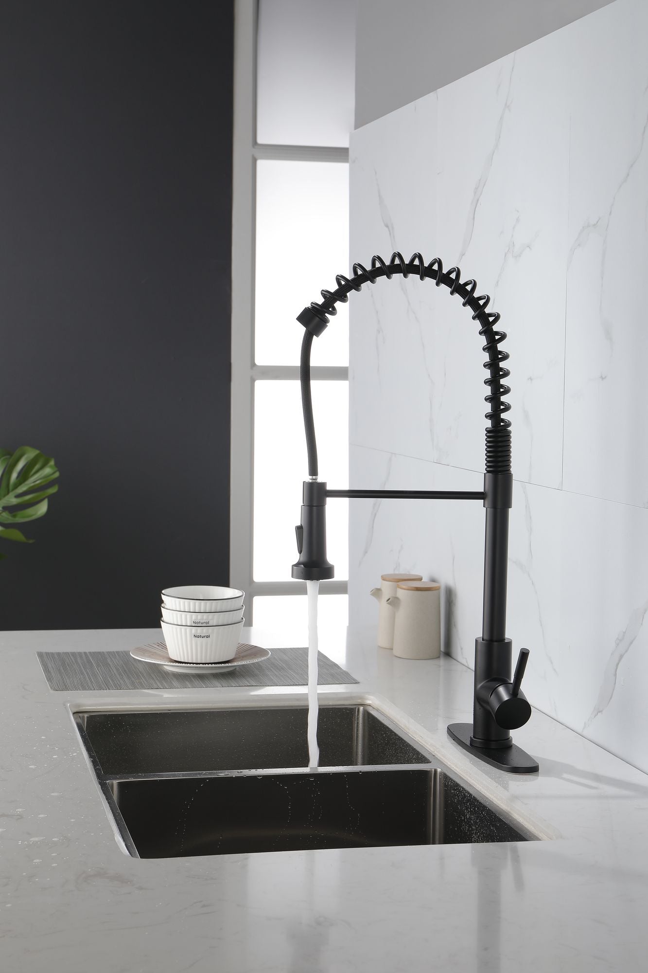 Spring kitchen faucet with pull-out sprayer, stainless steel single handle single hole kitchen sink faucet image 6