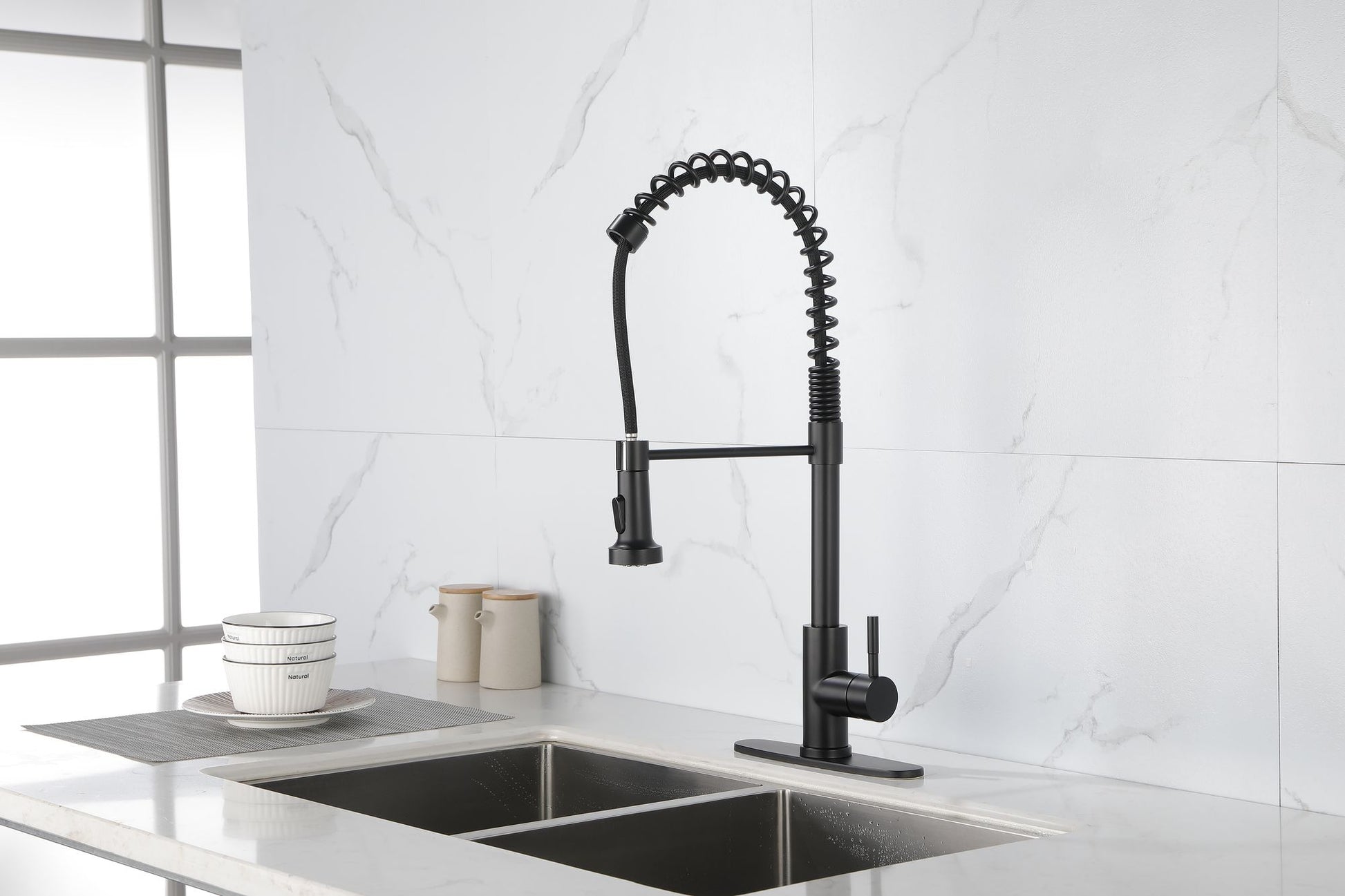 Spring kitchen faucet with pull-out sprayer, stainless steel single handle single hole kitchen sink faucet image 2