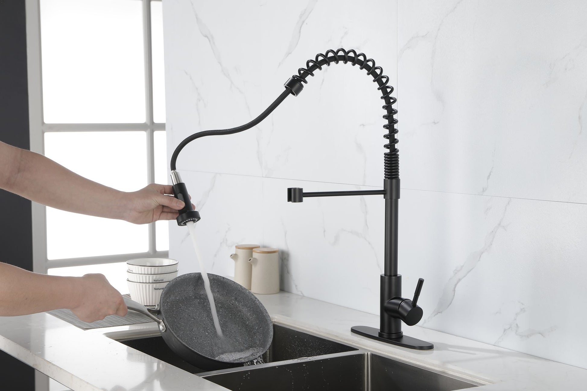 Spring kitchen faucet with pull-out sprayer, stainless steel single handle single hole kitchen sink faucet image 4