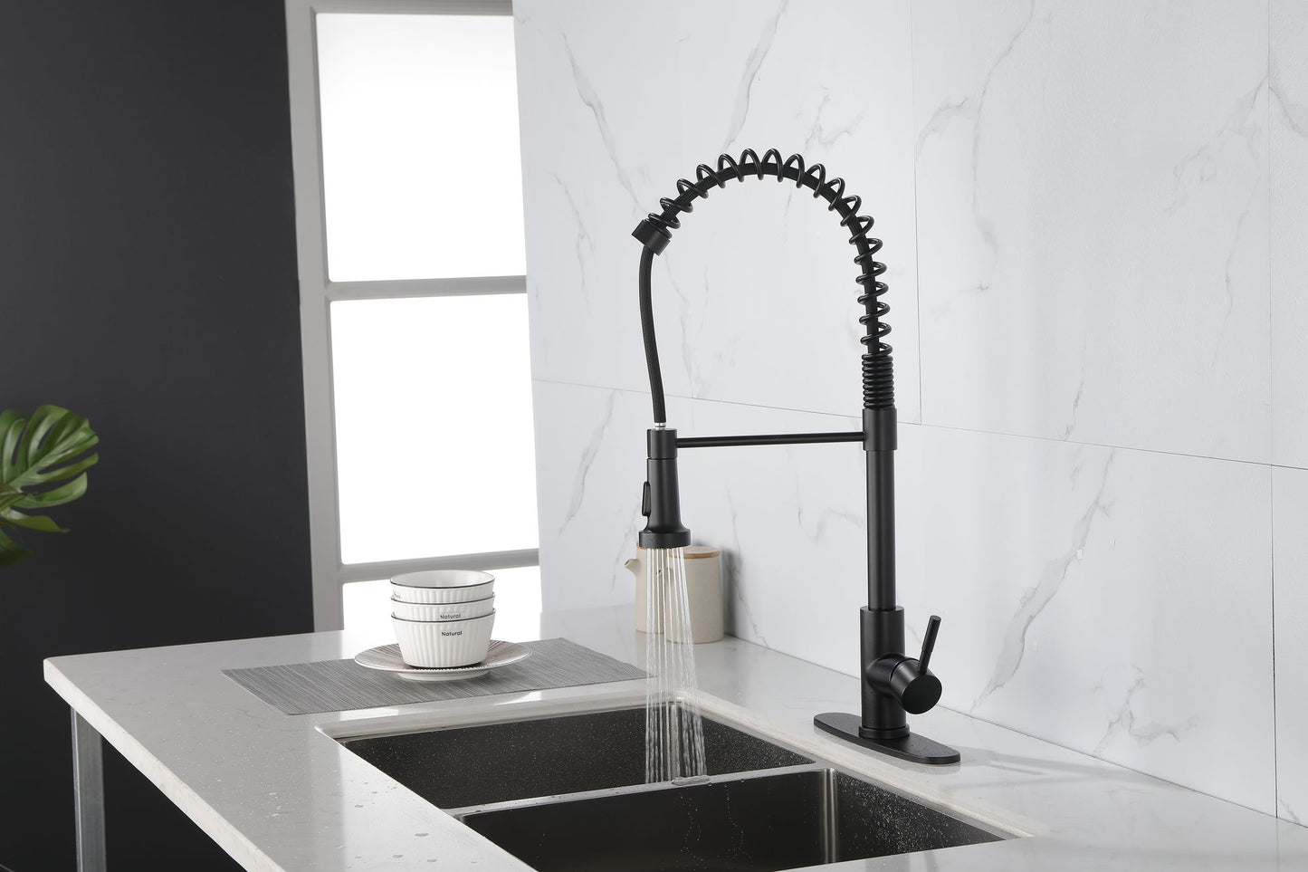 Spring kitchen faucet with pull-out sprayer, stainless steel single handle single hole kitchen sink faucet image 7