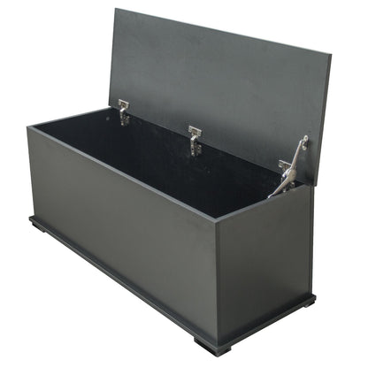 Black storage chest trunk with lift top - full product view with dimensions label