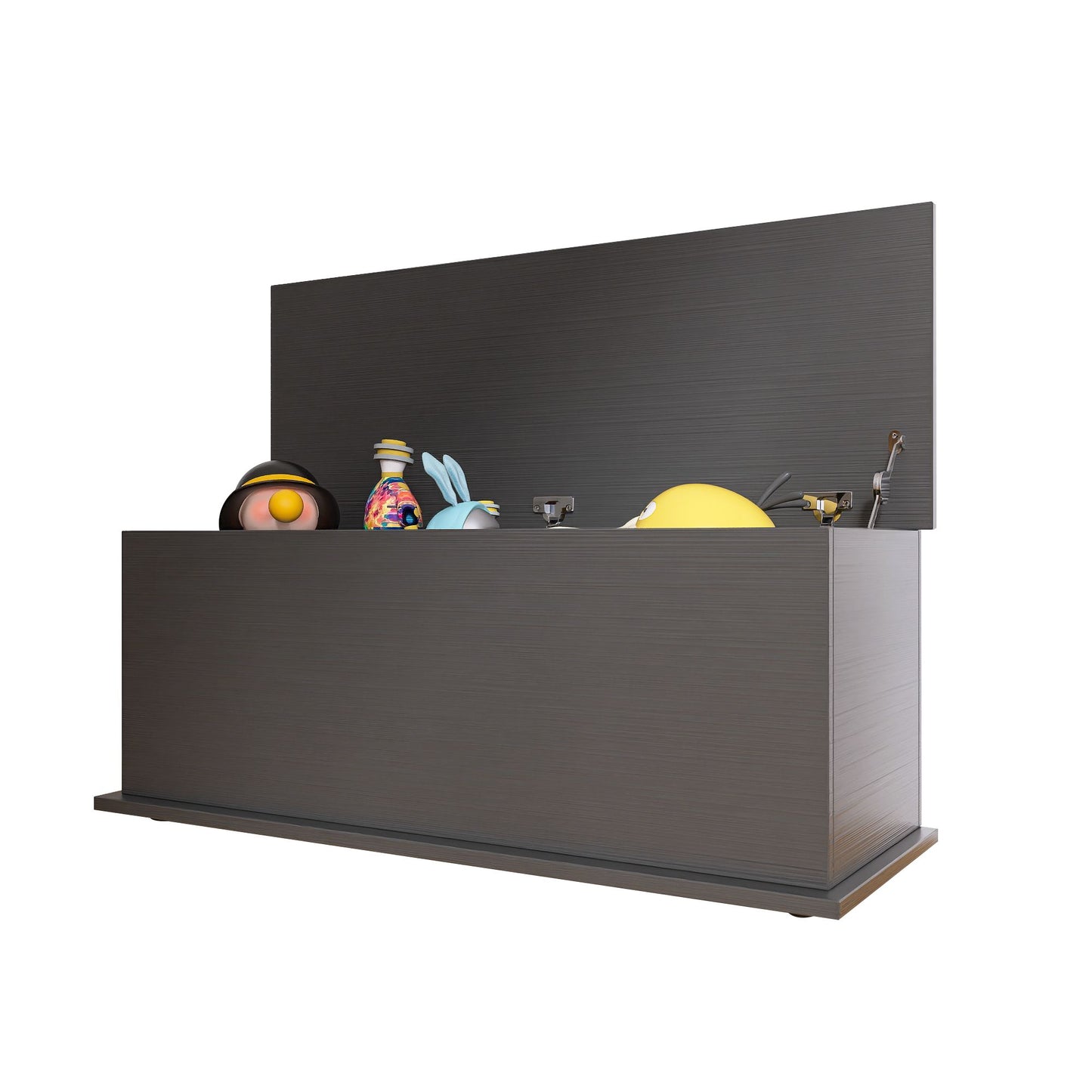 Black storage chest trunk with lift top - angled view showing wood grain texture
