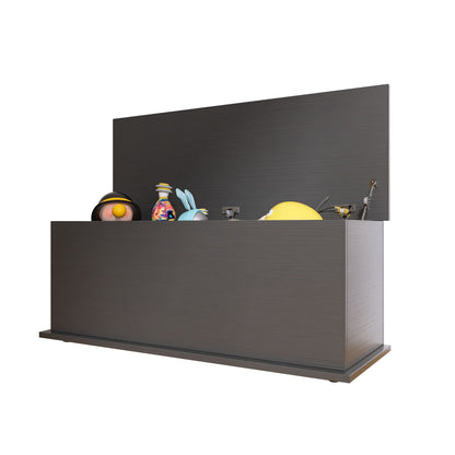 Black storage chest trunk with lift top - angled view showing wood grain texture