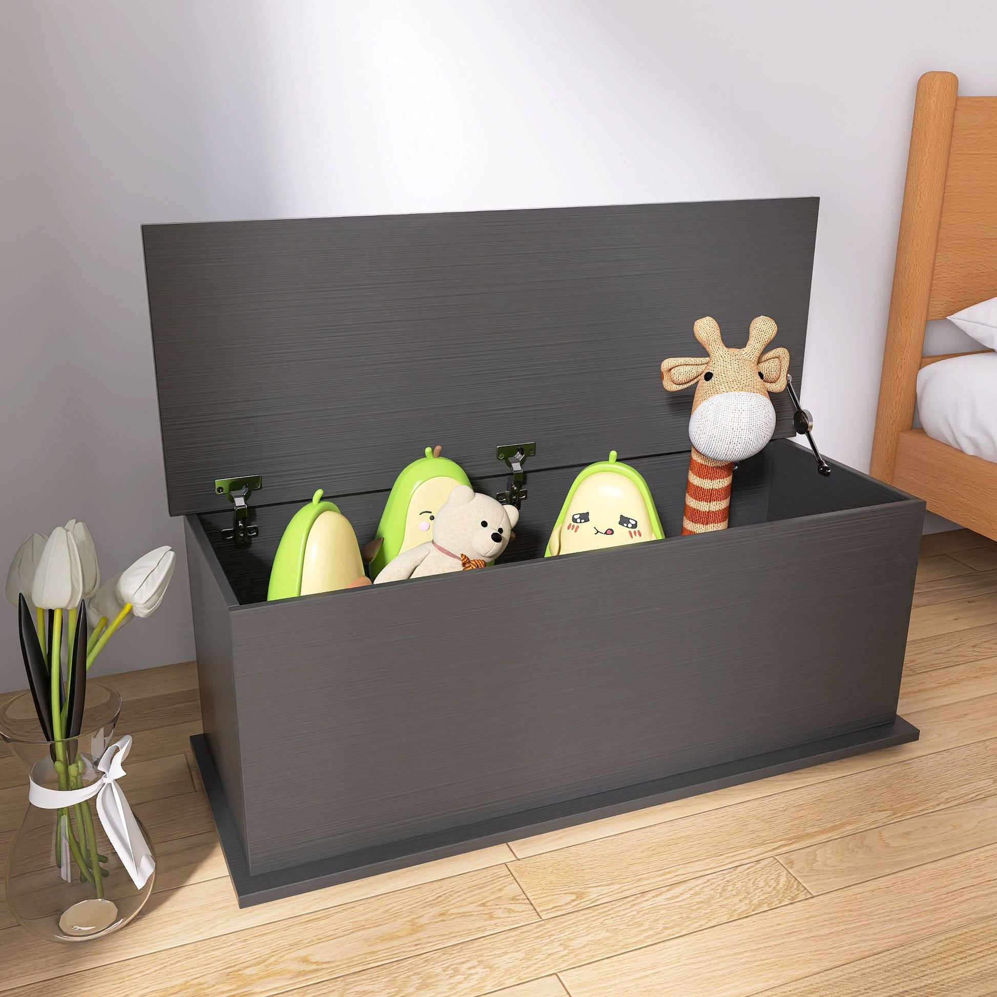 Black storage chest trunk with lift top - close up of safe hinge mechanism