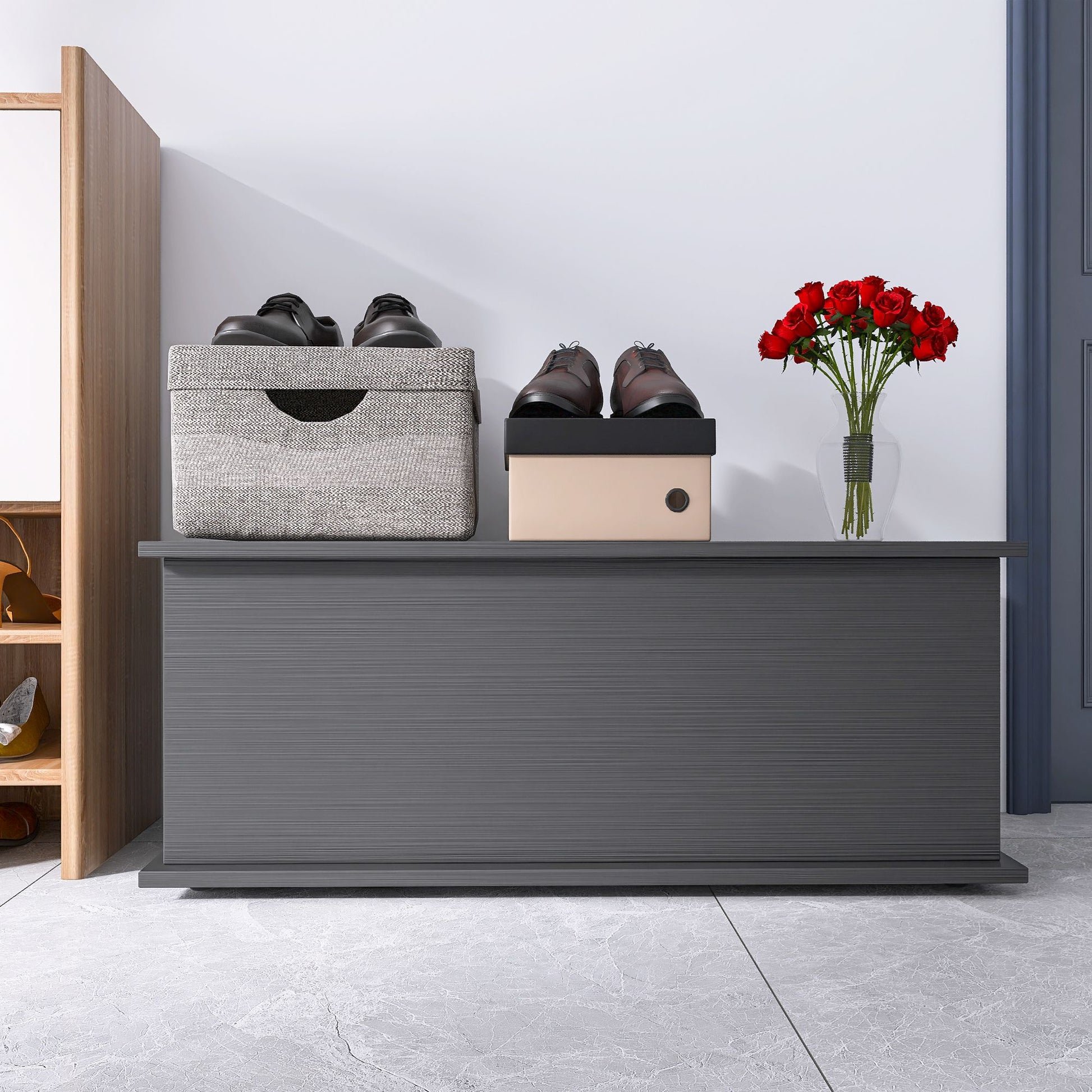 Black storage chest trunk with lift top for entryway bench organizer - front view