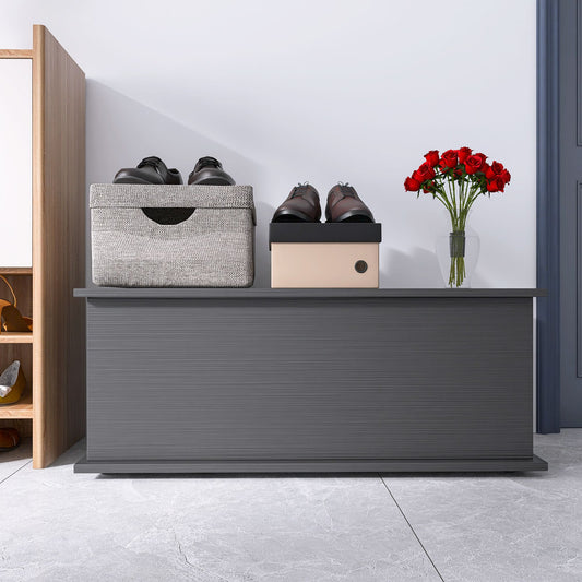 Black storage chest trunk with lift top for entryway bench organizer - front view
