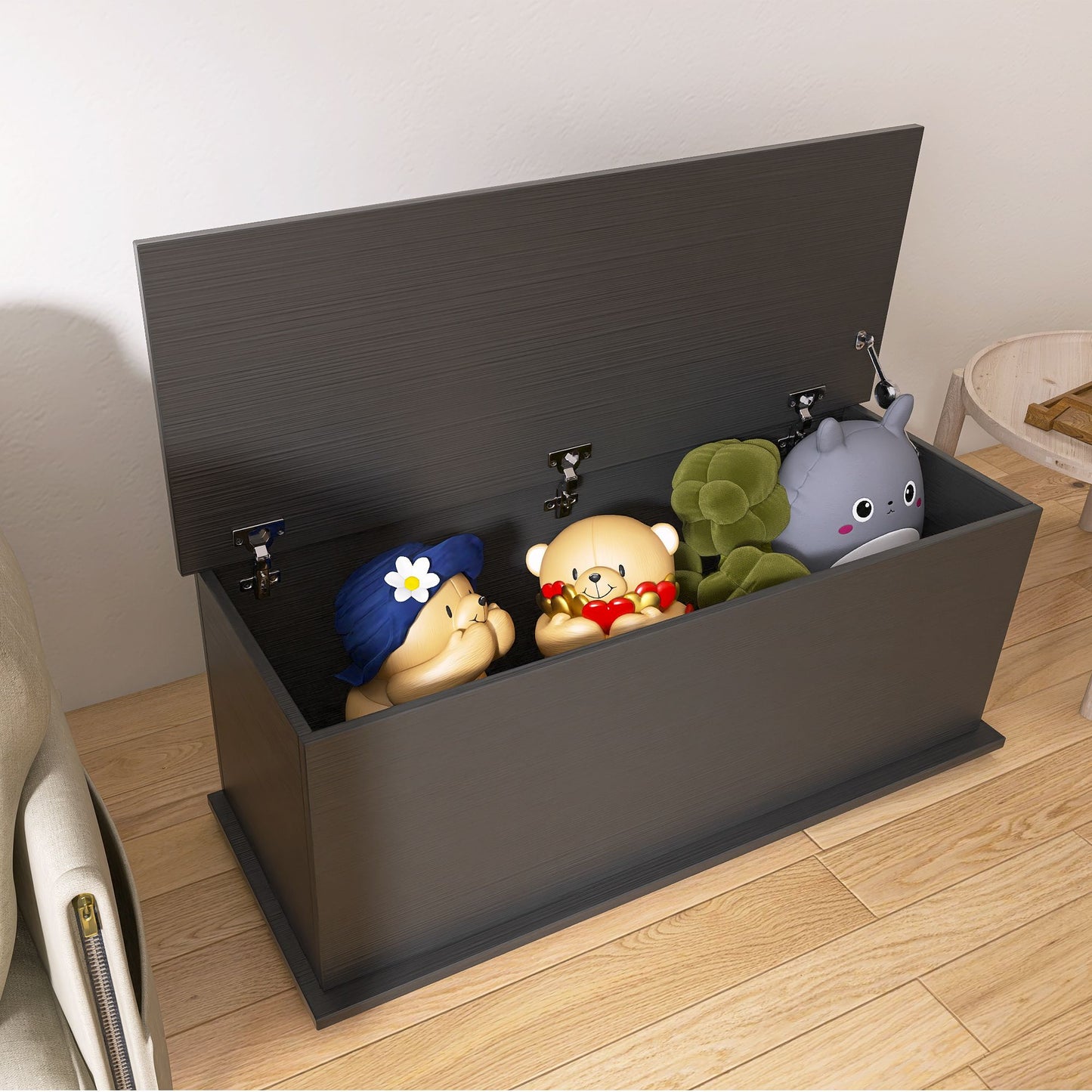 Black storage chest trunk with lift top - open lid revealing interior storage space
