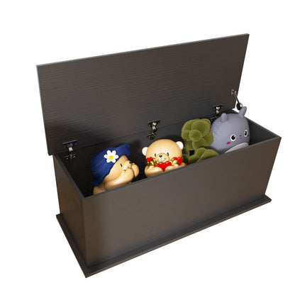 Black storage chest trunk with lift top - side view showing dimensions