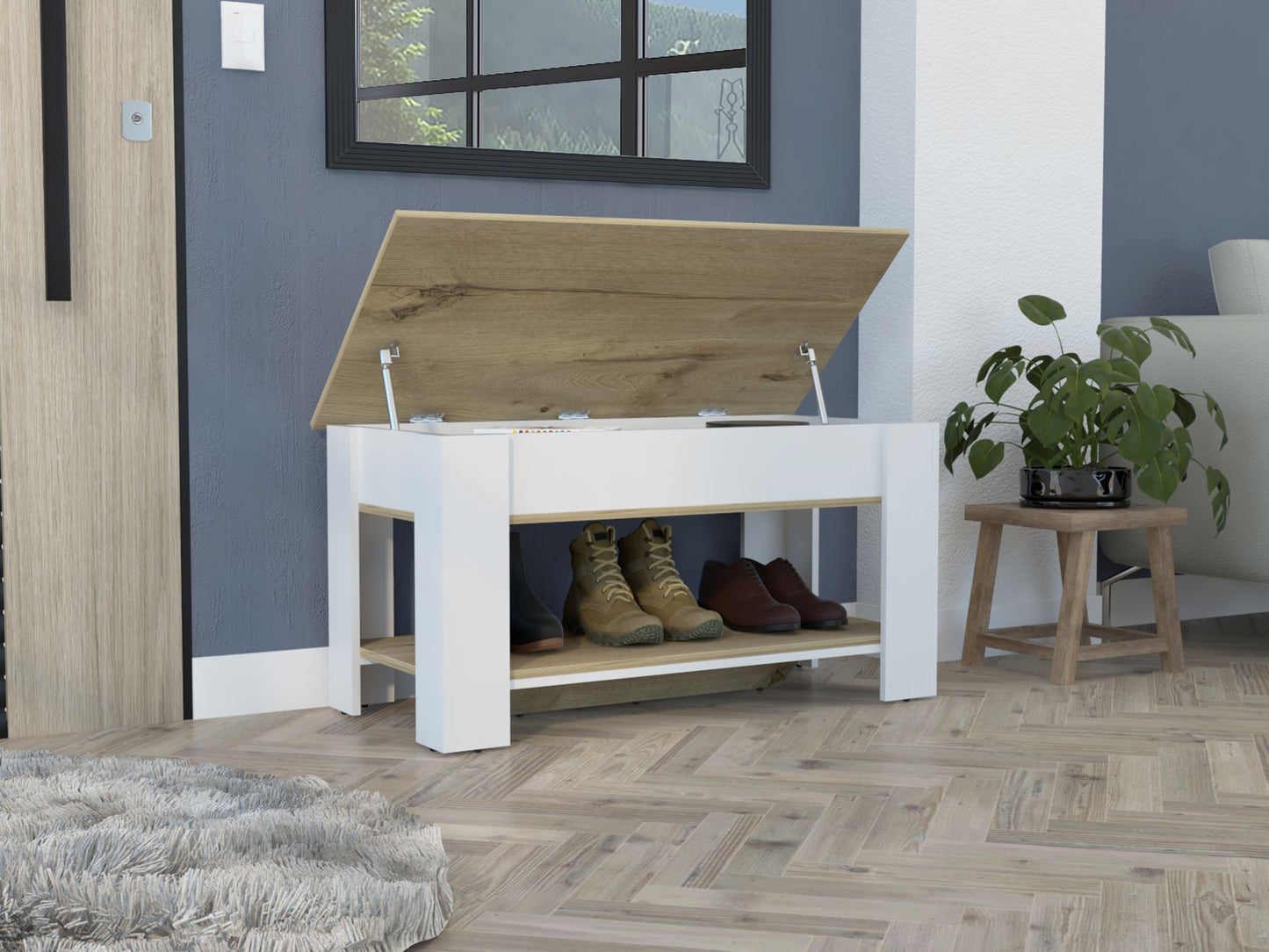 Storage Table Polgon, Extendable Table Shelf, Lower Shelf, Light Oak / White Finish image 1
