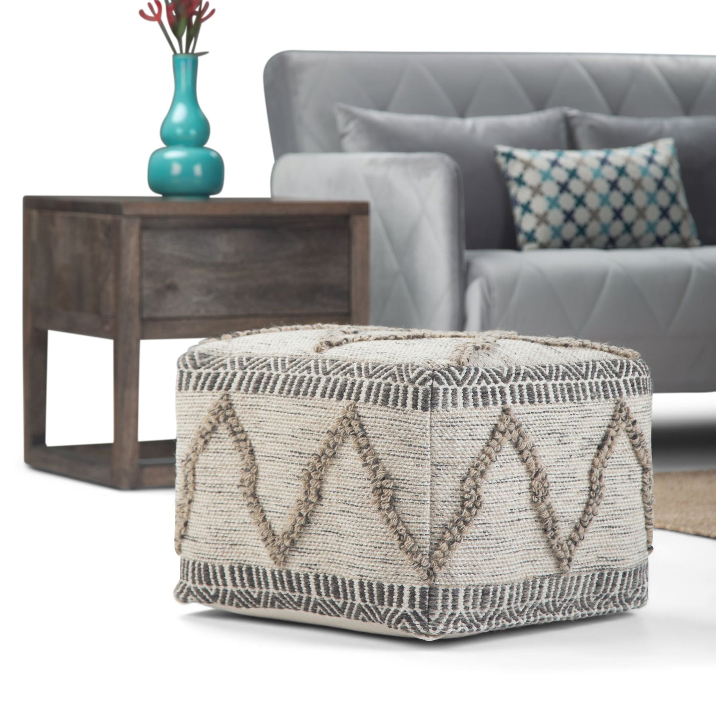 Sweeney 18 inch Wide Square Pouf in Grey and Natural Wool and Cotton image 7