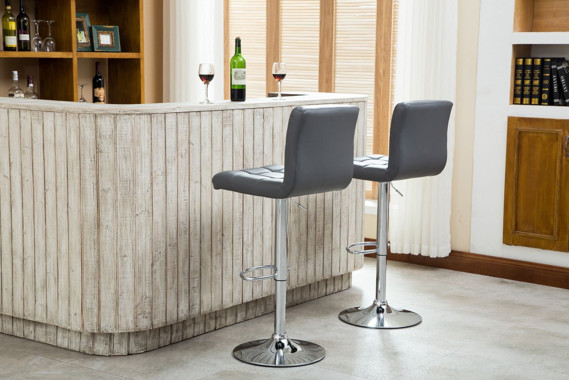 Swivel Faux Leather Adjustable Hydraulic Bar Stool, Set of 2, Gray image 2