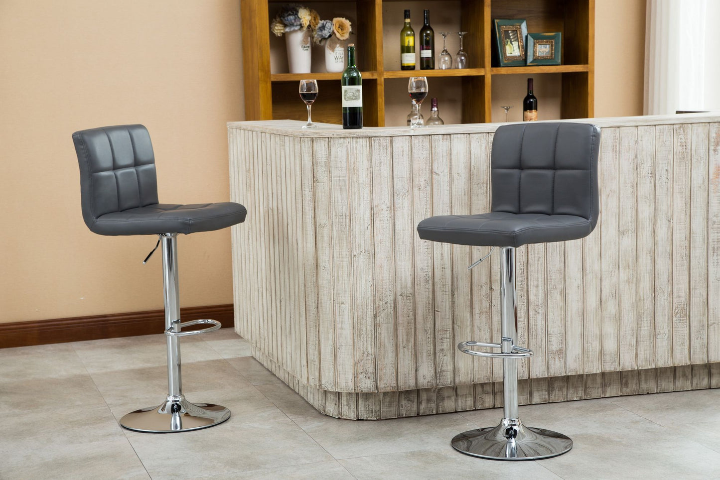 Swivel Faux Leather Adjustable Hydraulic Bar Stool, Set of 2, Gray image 1