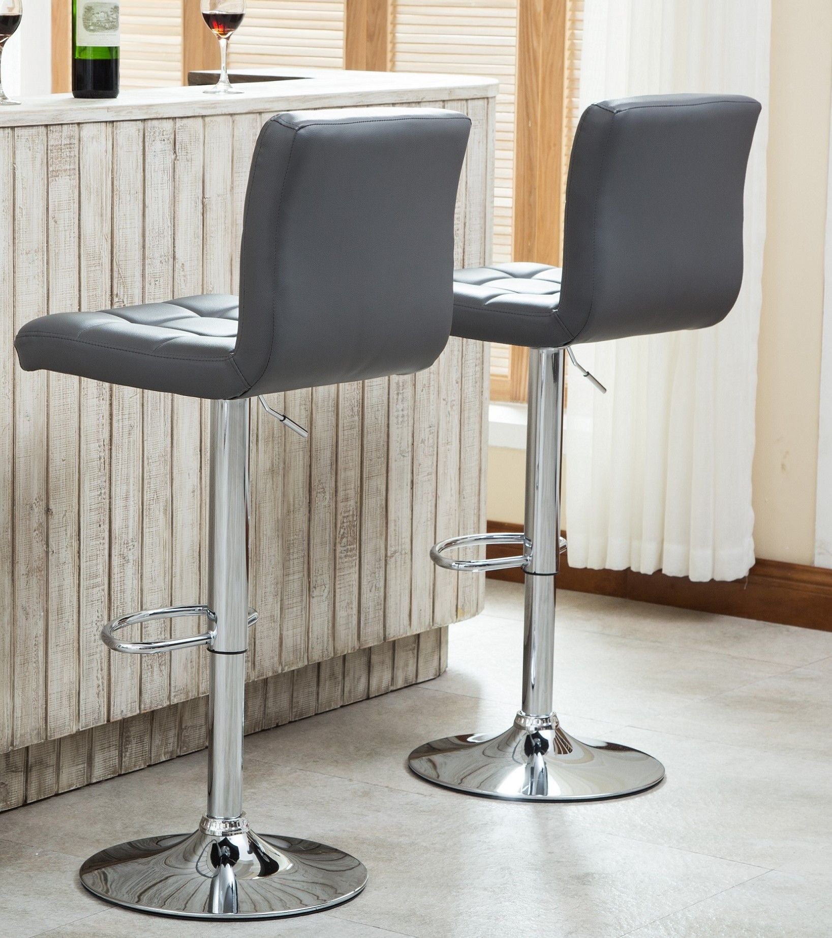 Swivel Faux Leather Adjustable Hydraulic Bar Stool, Set of 2, Gray image 4