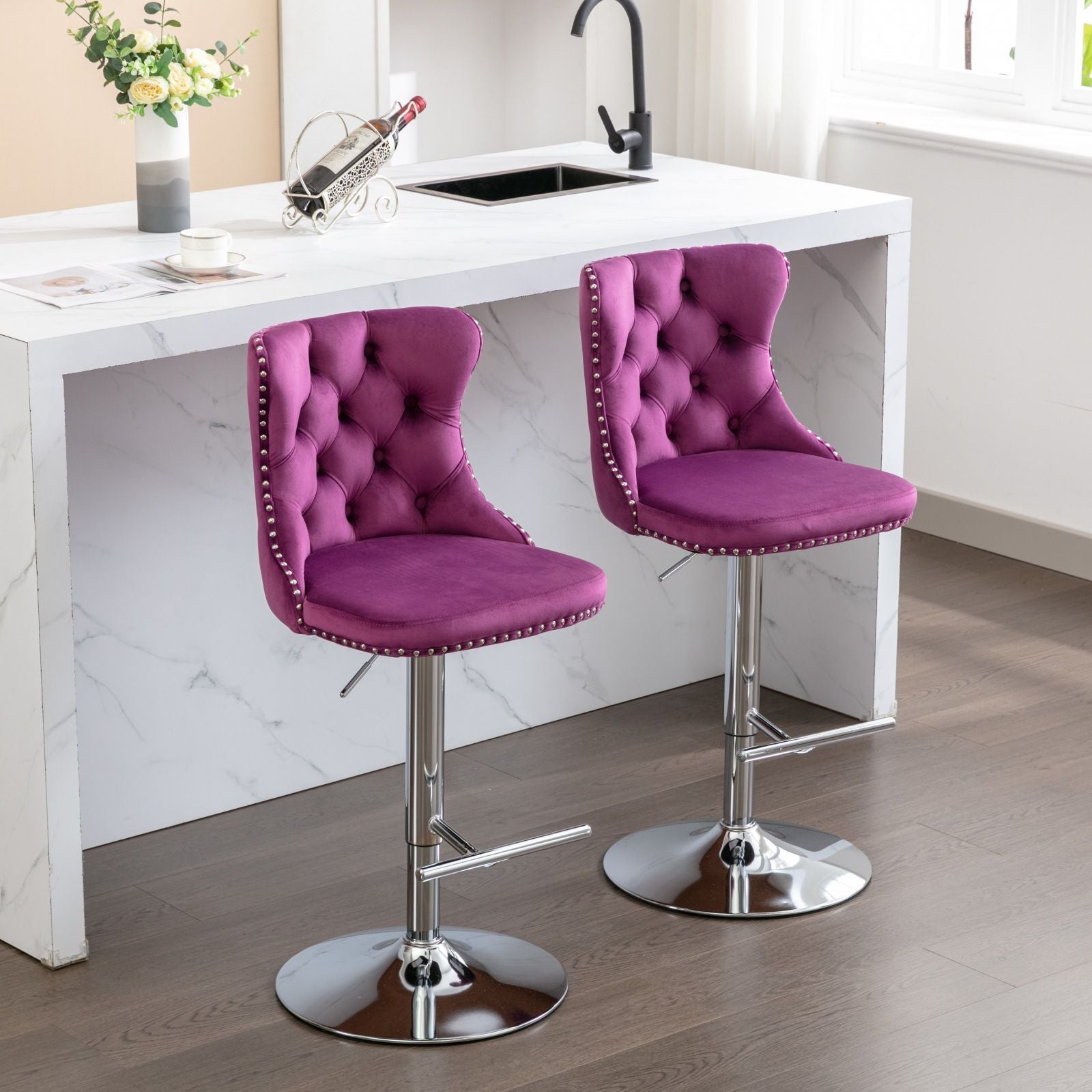 Swivel Velvet Barstools Adjusatble Seat Height from 25-33 Inch, Chrome base Bar Stools with Backs Comfortable Tufted for image 14