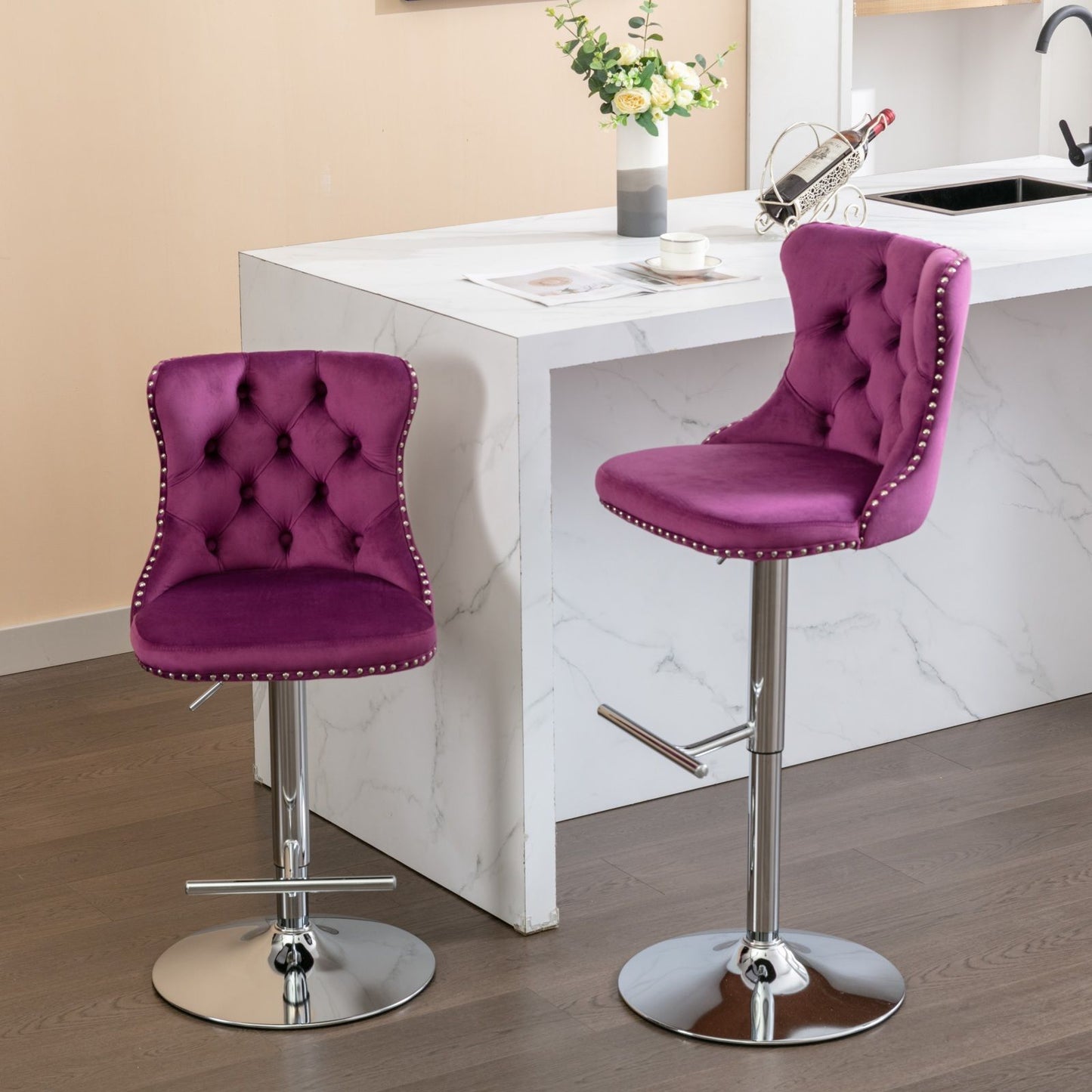 Swivel Velvet Barstools Adjusatble Seat Height from 25-33 Inch, Chrome base Bar Stools with Backs Comfortable Tufted for image 1