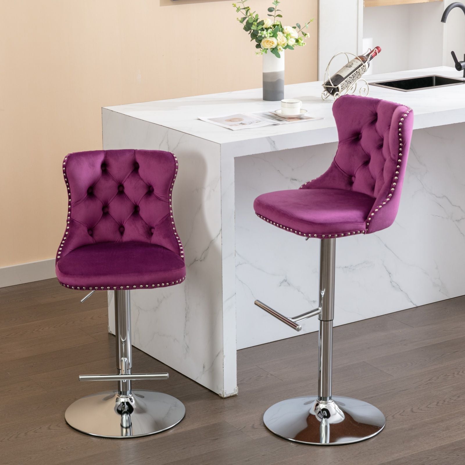 Swivel Velvet Barstools Adjusatble Seat Height from 25-33 Inch, Chrome base Bar Stools with Backs Comfortable Tufted for image 1