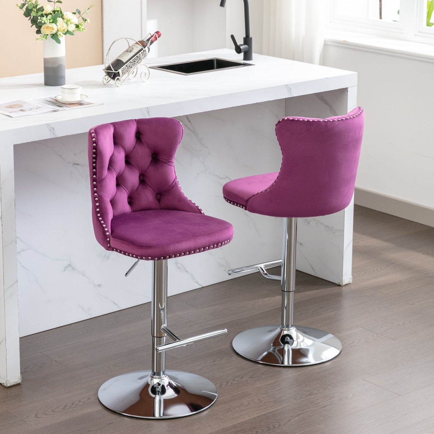 Swivel Velvet Barstools Adjusatble Seat Height from 25-33 Inch, Chrome base Bar Stools with Backs Comfortable Tufted for image 19