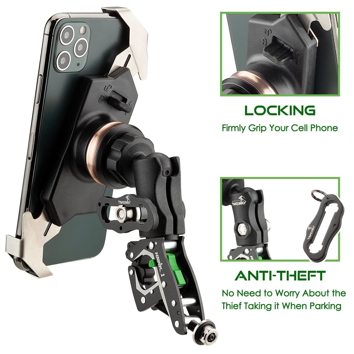 TAKEWAY Clampod HAWK1-PH05-ANV Motorcycle Phone Mount - Side View Showing Double Socket Arm