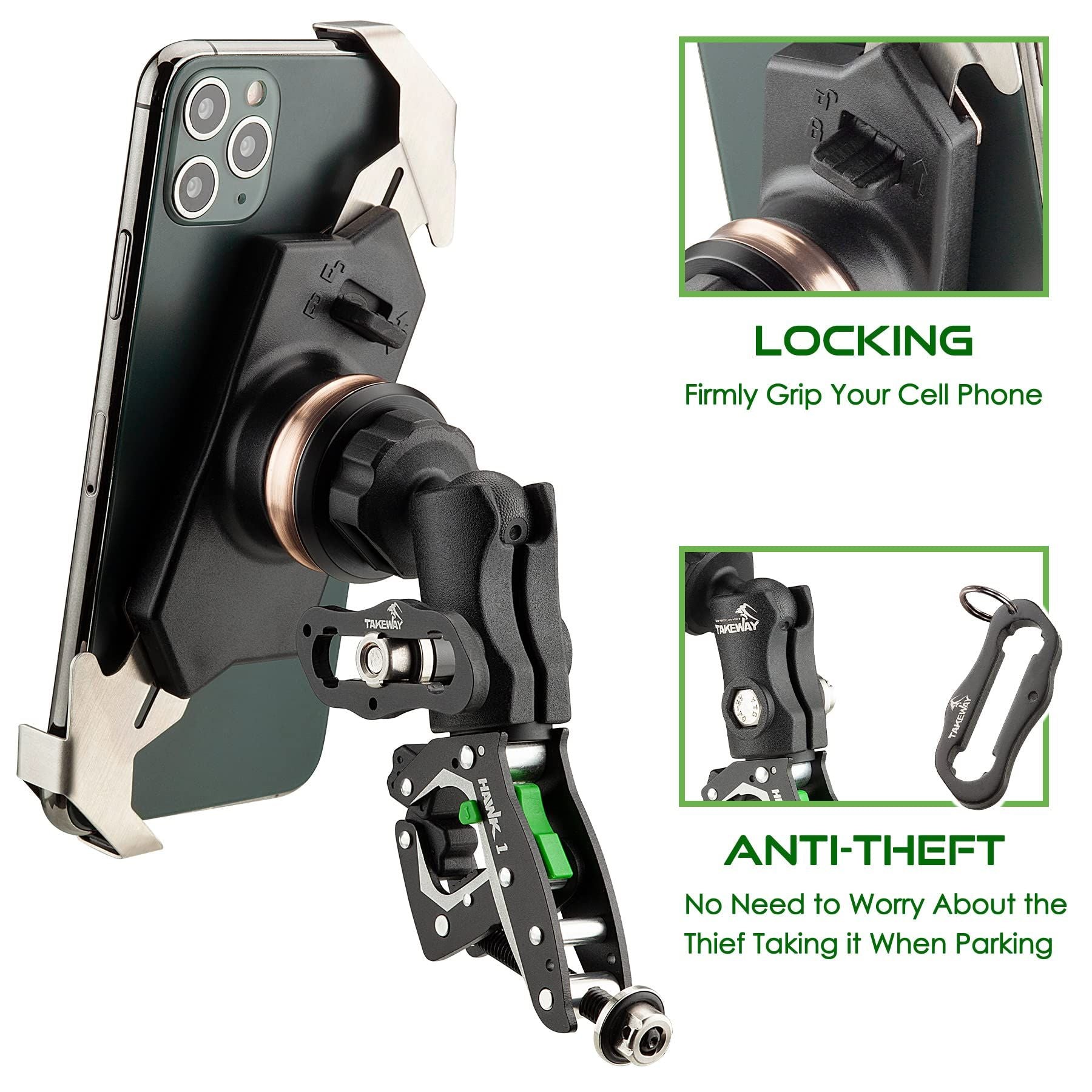 TAKEWAY Clampod HAWK1-PH05-ANV Motorcycle Phone Mount - Side View Showing Double Socket Arm