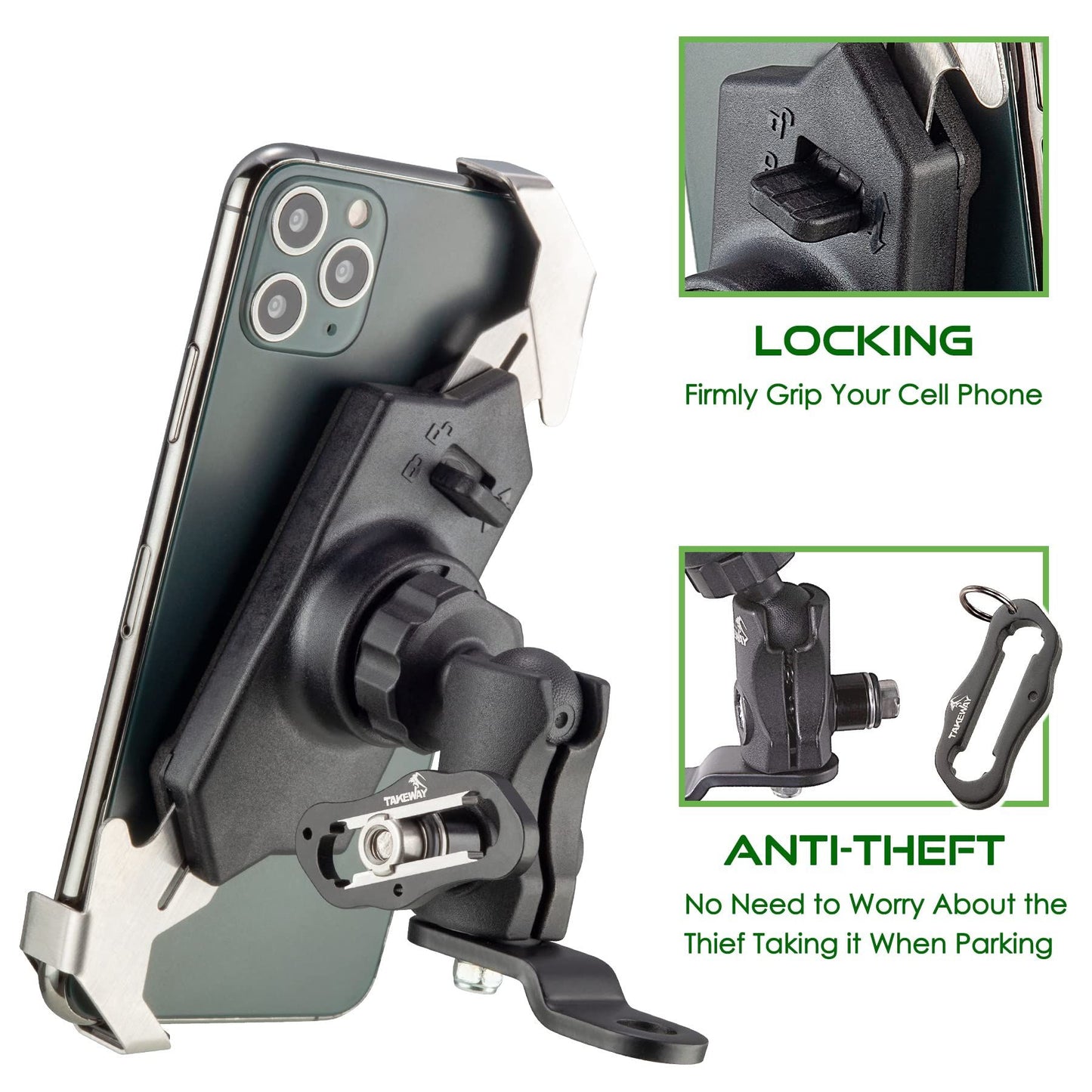 TAKEWAY LA3-PH05 Motorcycle Phone Mount - Side View Showing Double Socket Arm