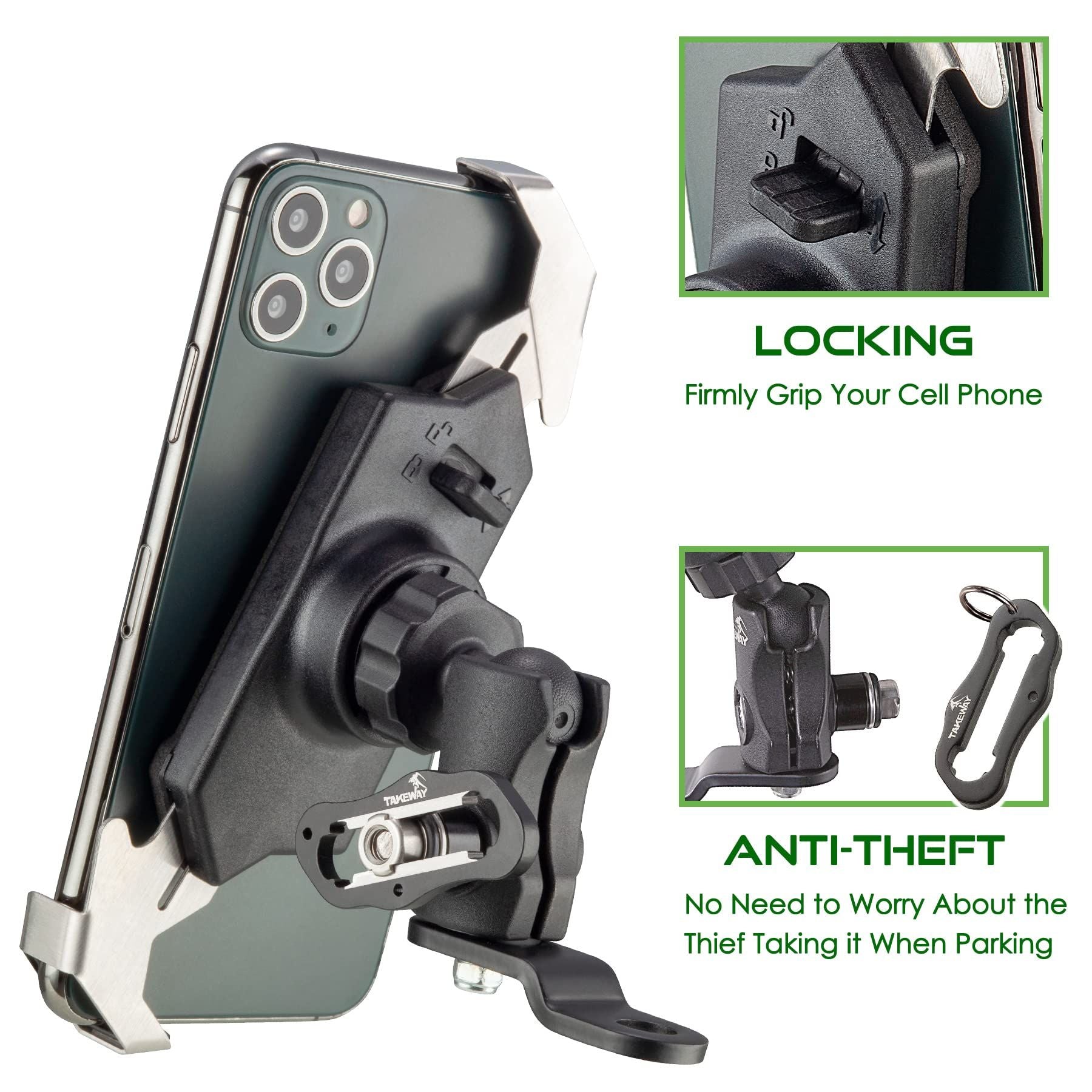 TAKEWAY LA3-PH05 Motorcycle Phone Mount - Side View Showing Double Socket Arm