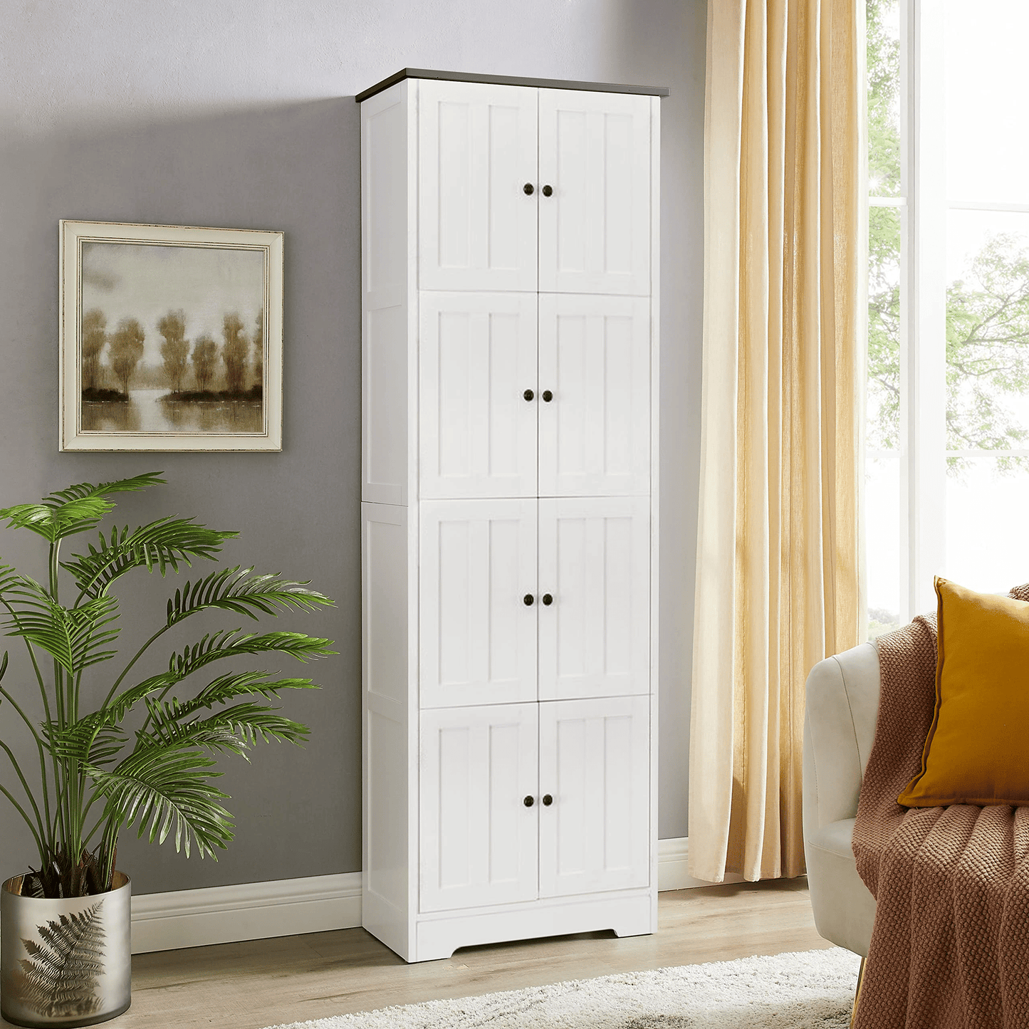 Tall Storage Cabinet with 8 Doors and 4 Shelves, Wall Storage Cabinet for Living Room, Kitchen, Office, Bedroom, Bathroo image 5