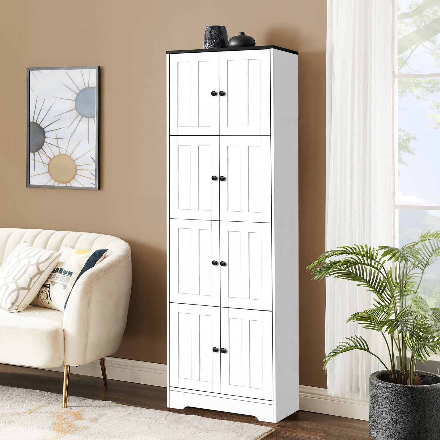 Tall Storage Cabinet with 8 Doors and 4 Shelves, Wall Storage Cabinet for Living Room, Kitchen, Office, Bedroom, Bathroo image 3