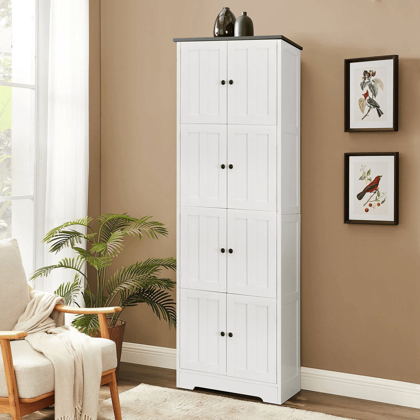 Tall Storage Cabinet with 8 Doors and 4 Shelves, Wall Storage Cabinet for Living Room, Kitchen, Office, Bedroom, Bathroo image 4