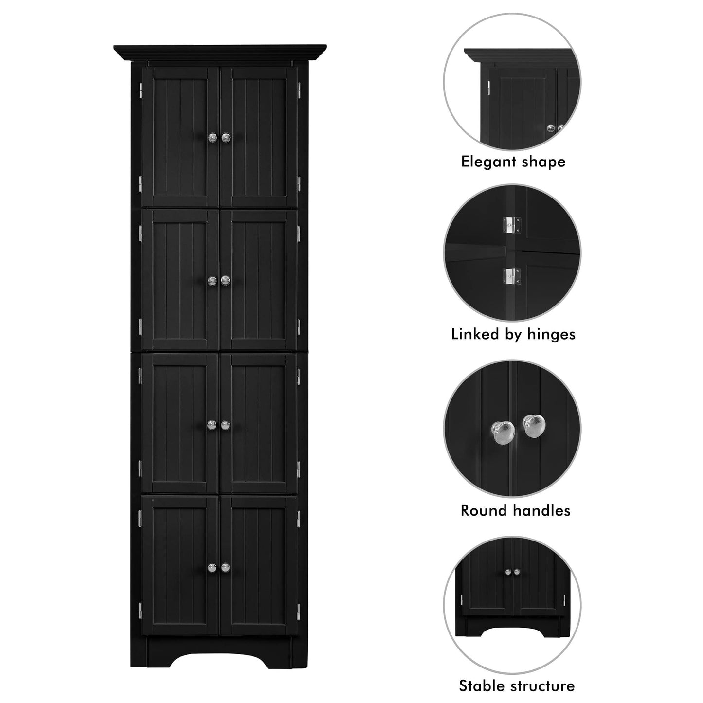 Tall Storage Cabinet with Doors and 4 Shelves for Living Room, Kitchen, Office, Bedroom, Bathroom, Modern, Black image 5