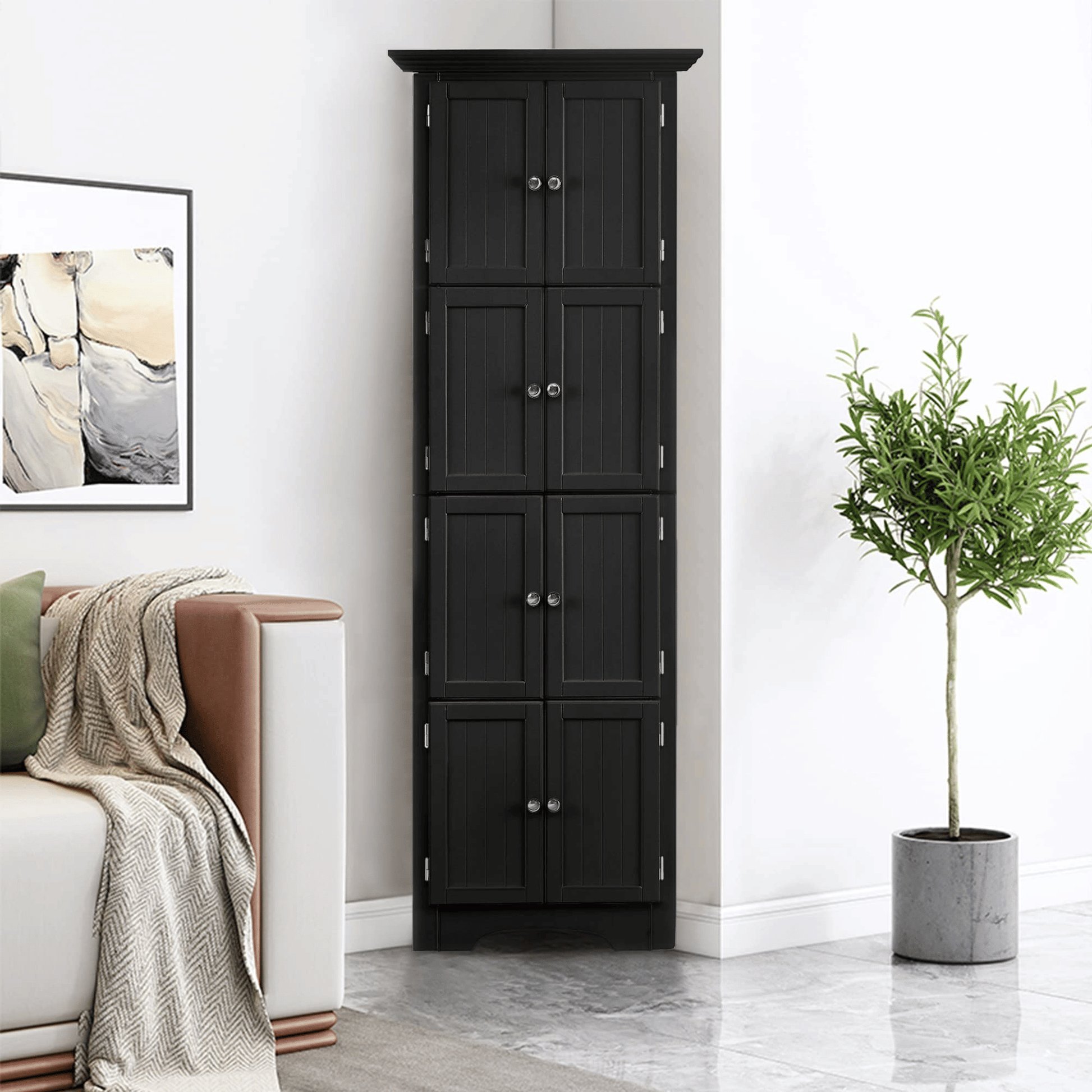Tall Storage Cabinet with Doors and 4 Shelves for Living Room, Kitchen, Office, Bedroom, Bathroom, Modern, Black image 3