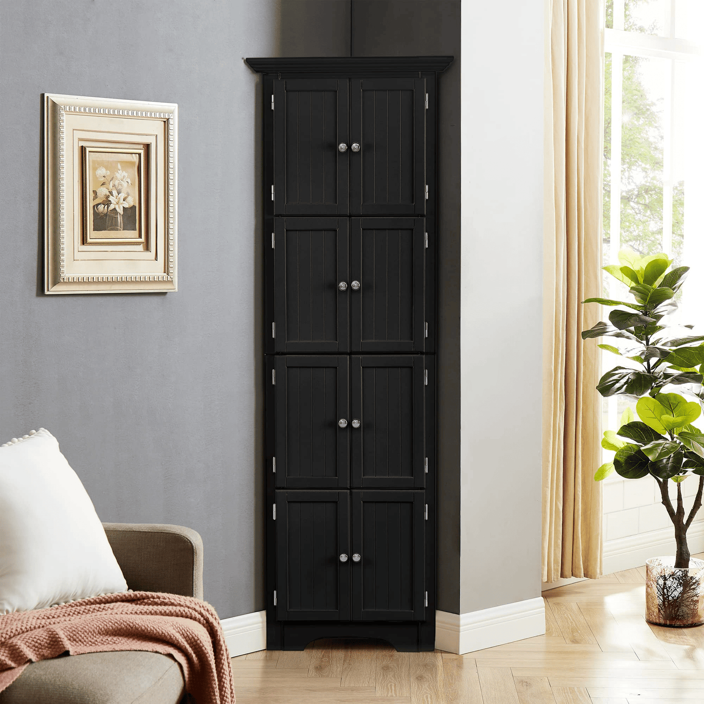 Tall Storage Cabinet with Doors and 4 Shelves for Living Room, Kitchen, Office, Bedroom, Bathroom, Modern, Black image 1