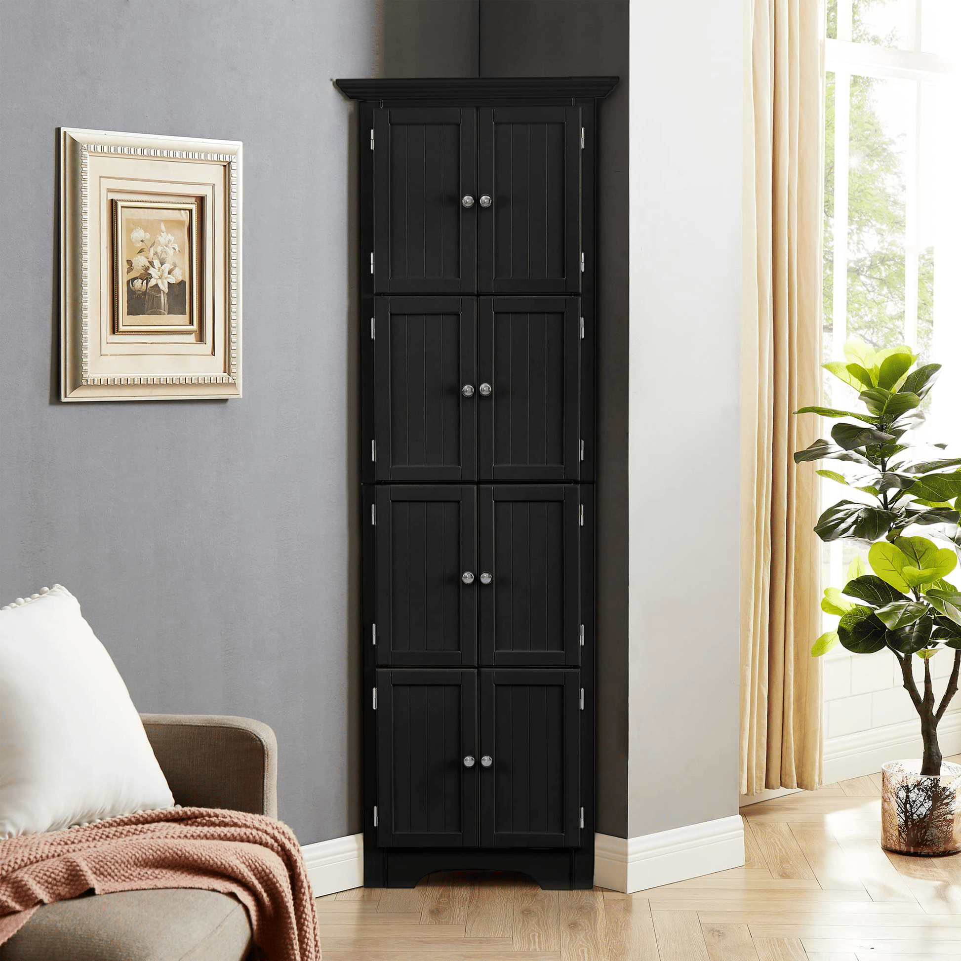 Tall Storage Cabinet with Doors and 4 Shelves for Living Room, Kitchen, Office, Bedroom, Bathroom, Modern, Black image 1