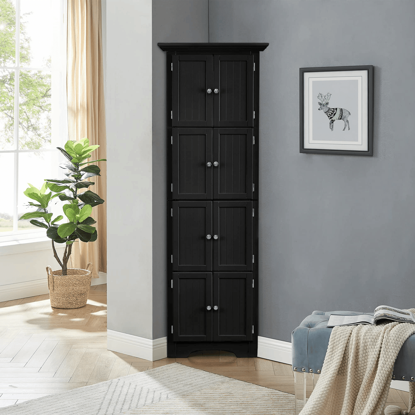 Tall Storage Cabinet with Doors and 4 Shelves for Living Room, Kitchen, Office, Bedroom, Bathroom, Modern, Black image 2