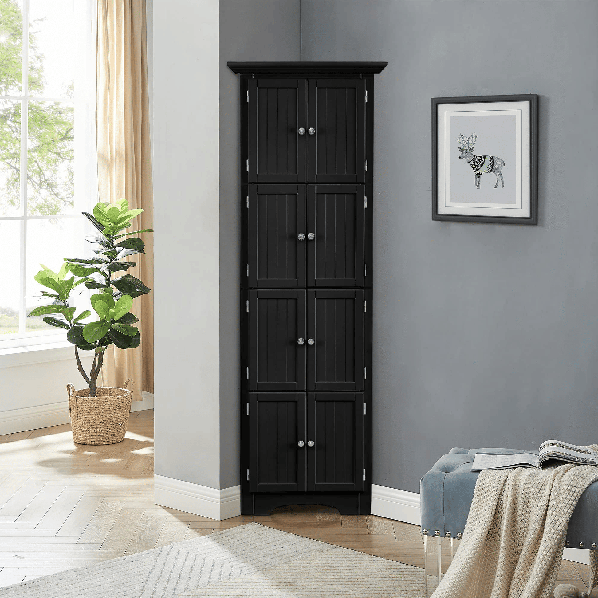 Tall Storage Cabinet with Doors and 4 Shelves for Living Room, Kitchen, Office, Bedroom, Bathroom, Modern, Black image 2