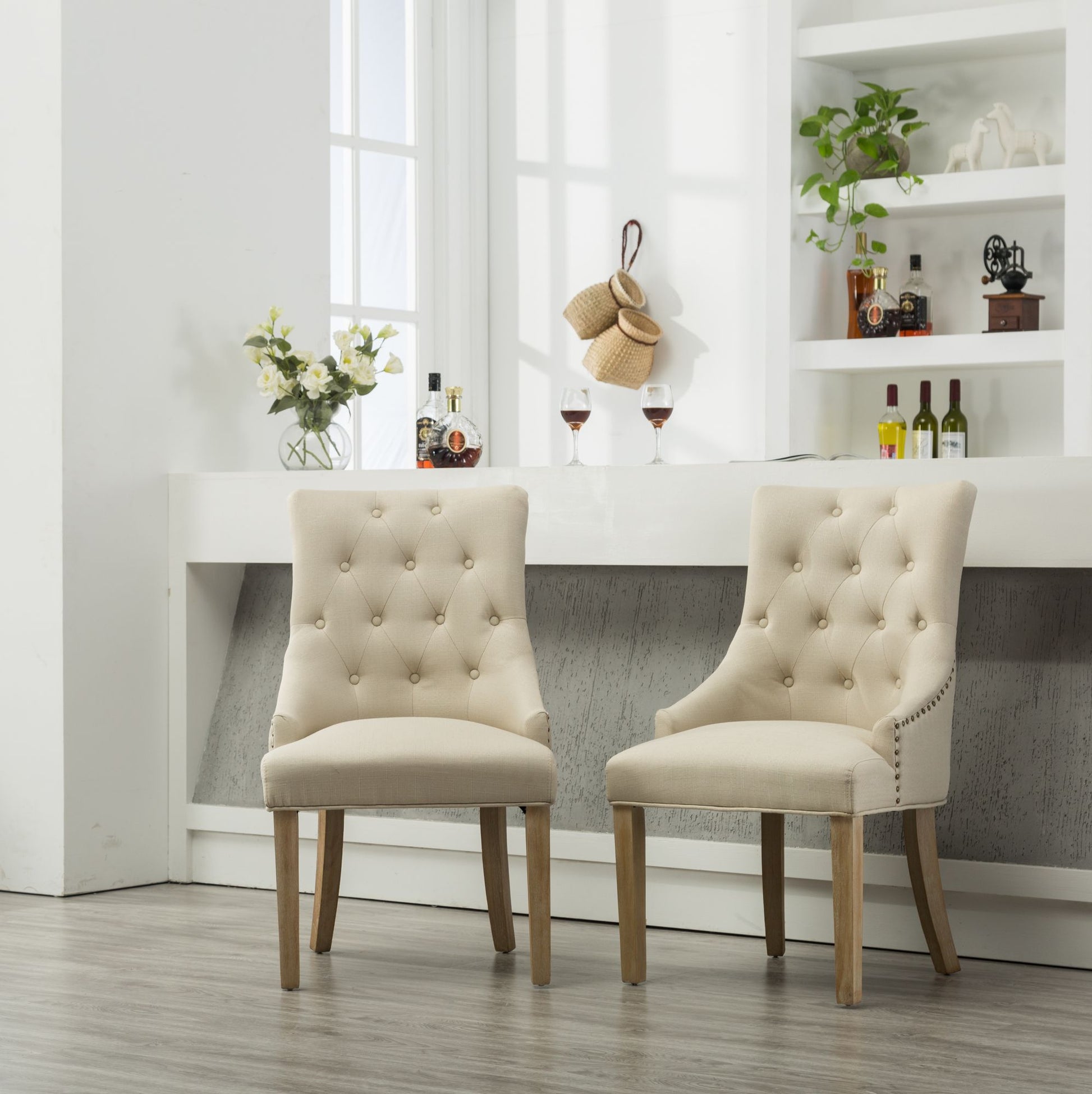 Tan Button Tufted Solid Wood Wingback Hostess Chairs with Nail Heads Set of 2 image 2