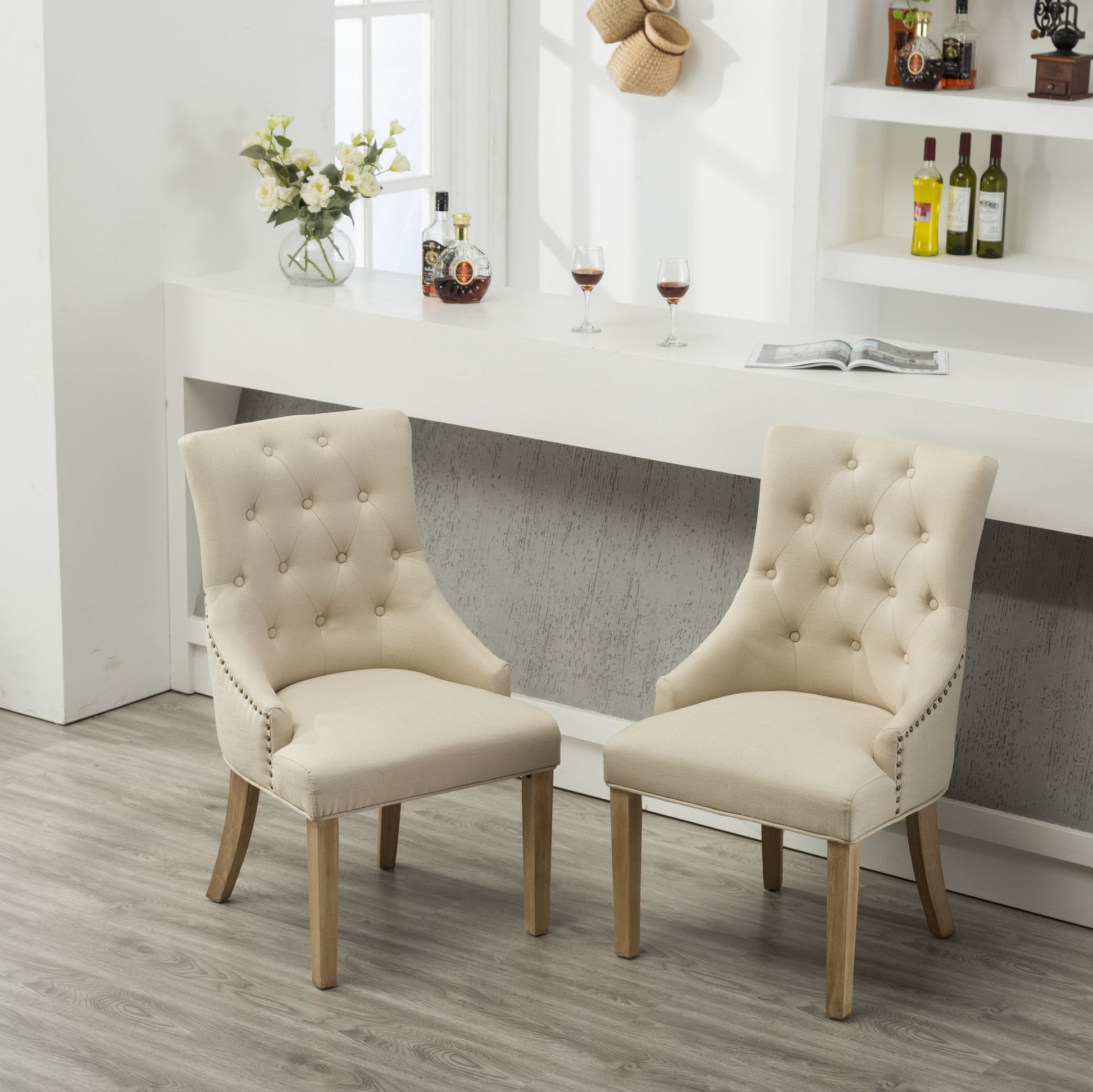Tan Button Tufted Solid Wood Wingback Hostess Chairs with Nail Heads Set of 2 image 4