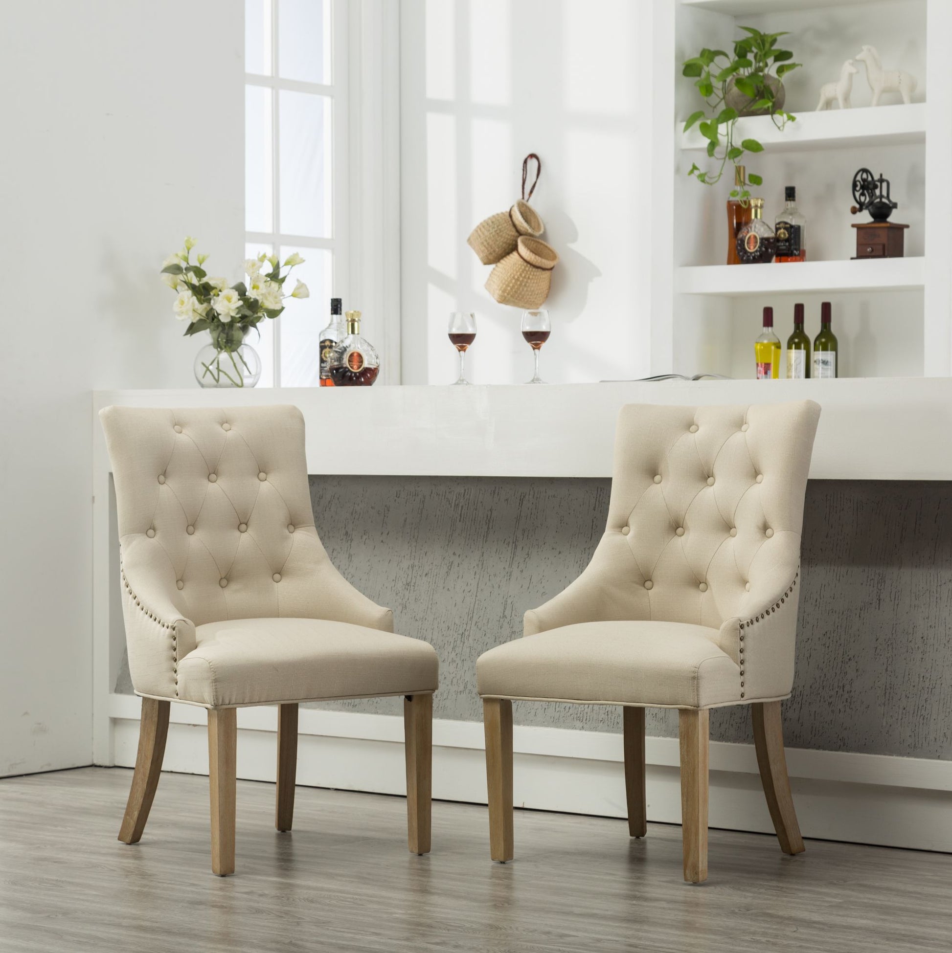 Tan Button Tufted Solid Wood Wingback Hostess Chairs with Nail Heads Set of 2 image 1