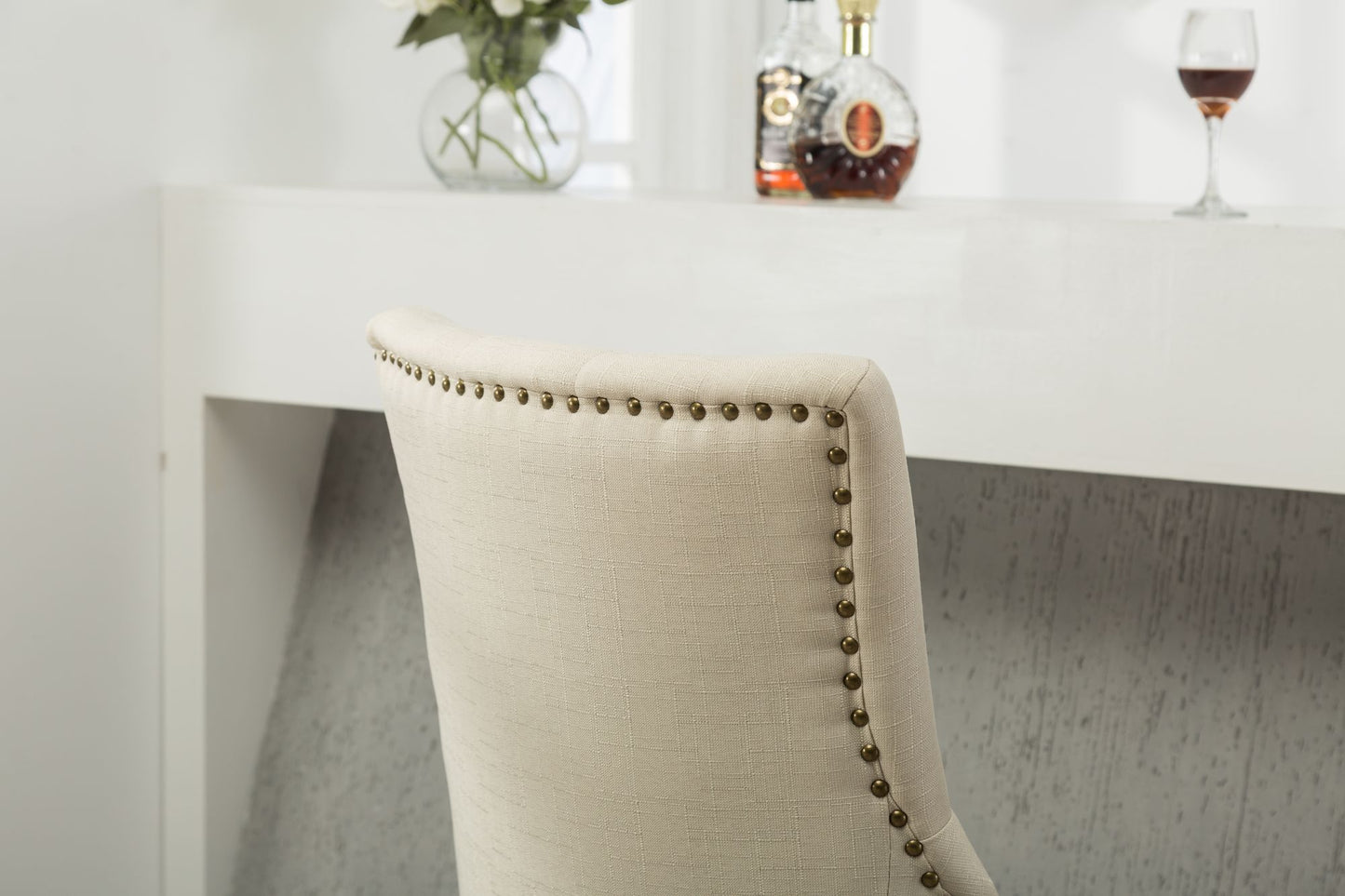 Tan Button Tufted Solid Wood Wingback Hostess Chairs with Nail Heads Set of 2 image 8
