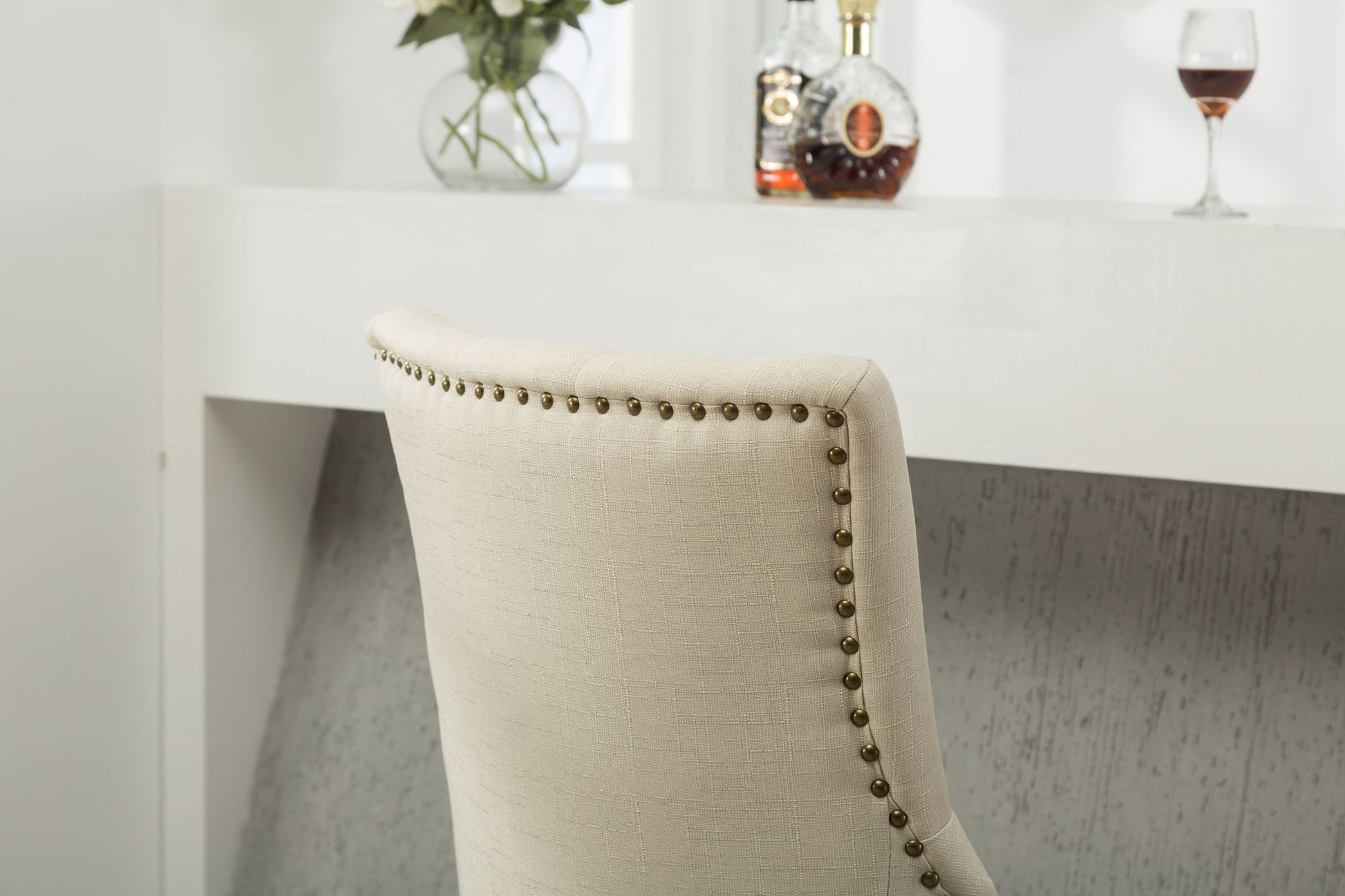 Tan Button Tufted Solid Wood Wingback Hostess Chairs with Nail Heads Set of 2 image 8