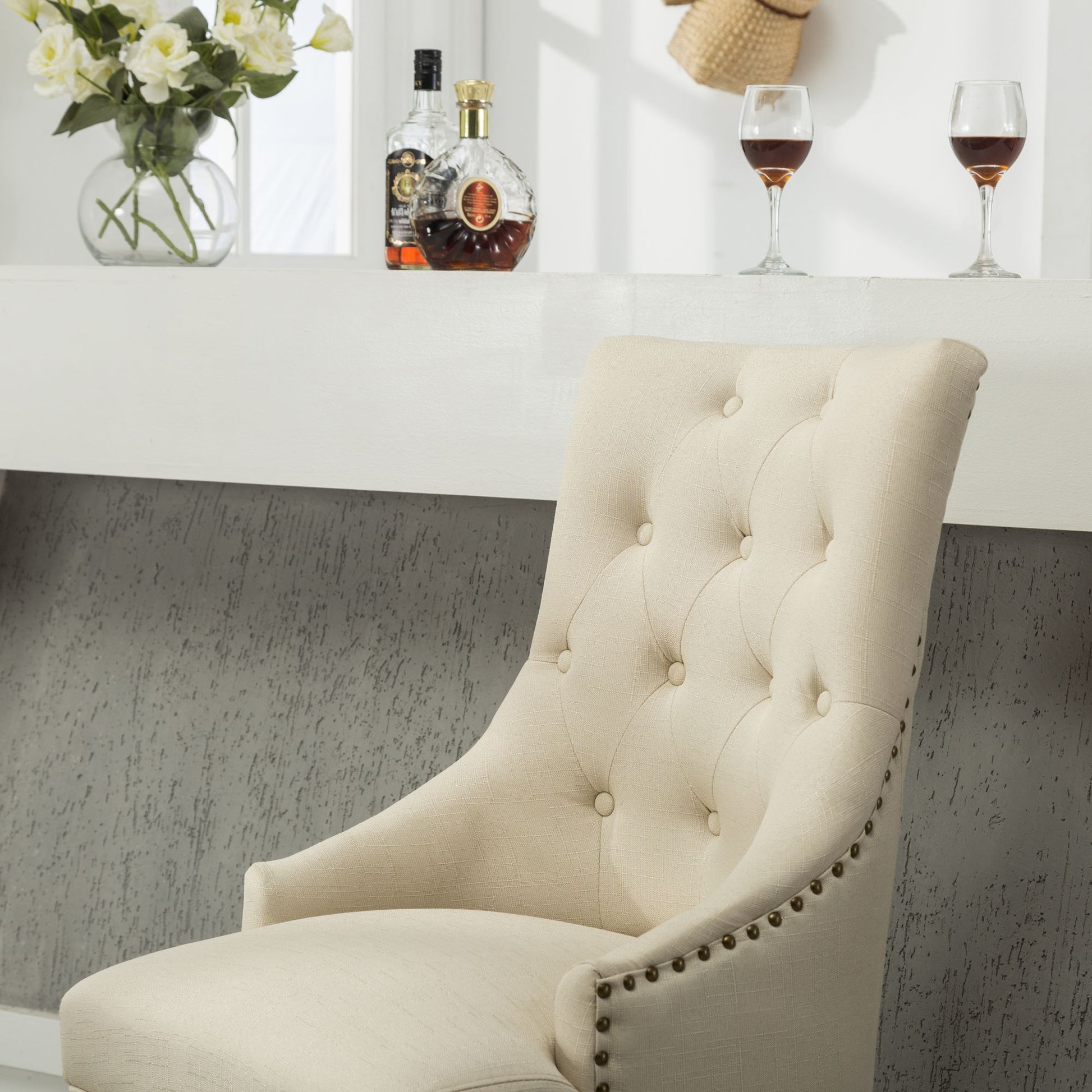 Tan Button Tufted Solid Wood Wingback Hostess Chairs with Nail Heads Set of 2 image 5