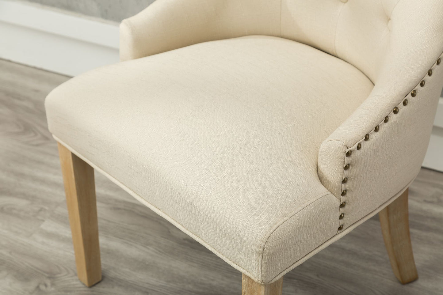 Tan Button Tufted Solid Wood Wingback Hostess Chairs with Nail Heads Set of 2 image 9