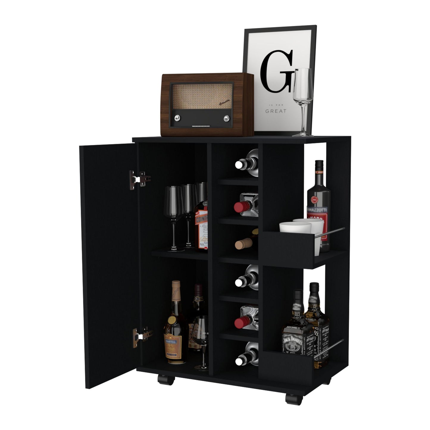 Tennessee Bar Cart, One Cabinet With Division, Six Cubbies For liquor, Two Shelves image 9