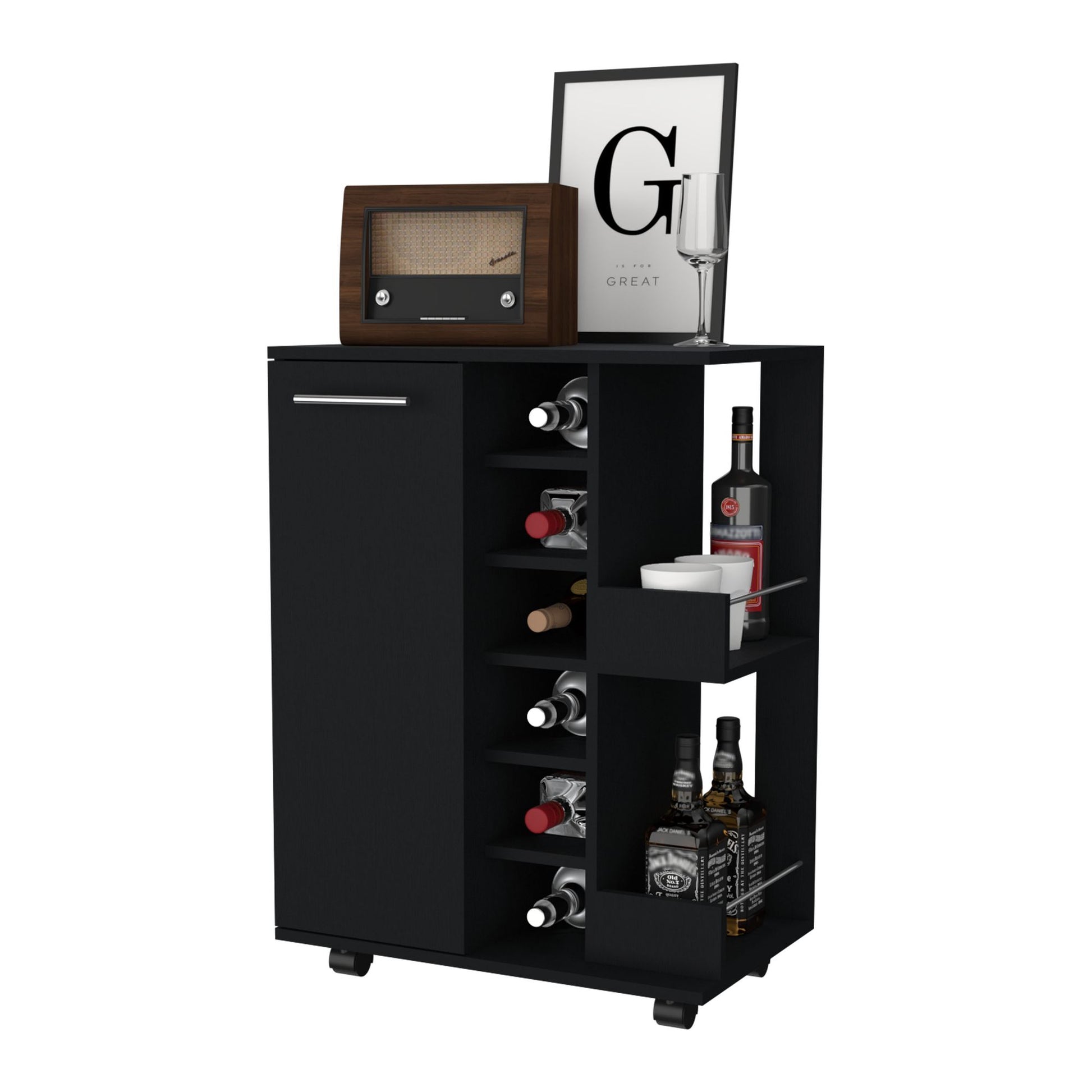 Tennessee Bar Cart, One Cabinet With Division, Six Cubbies For liquor, Two Shelves image 7