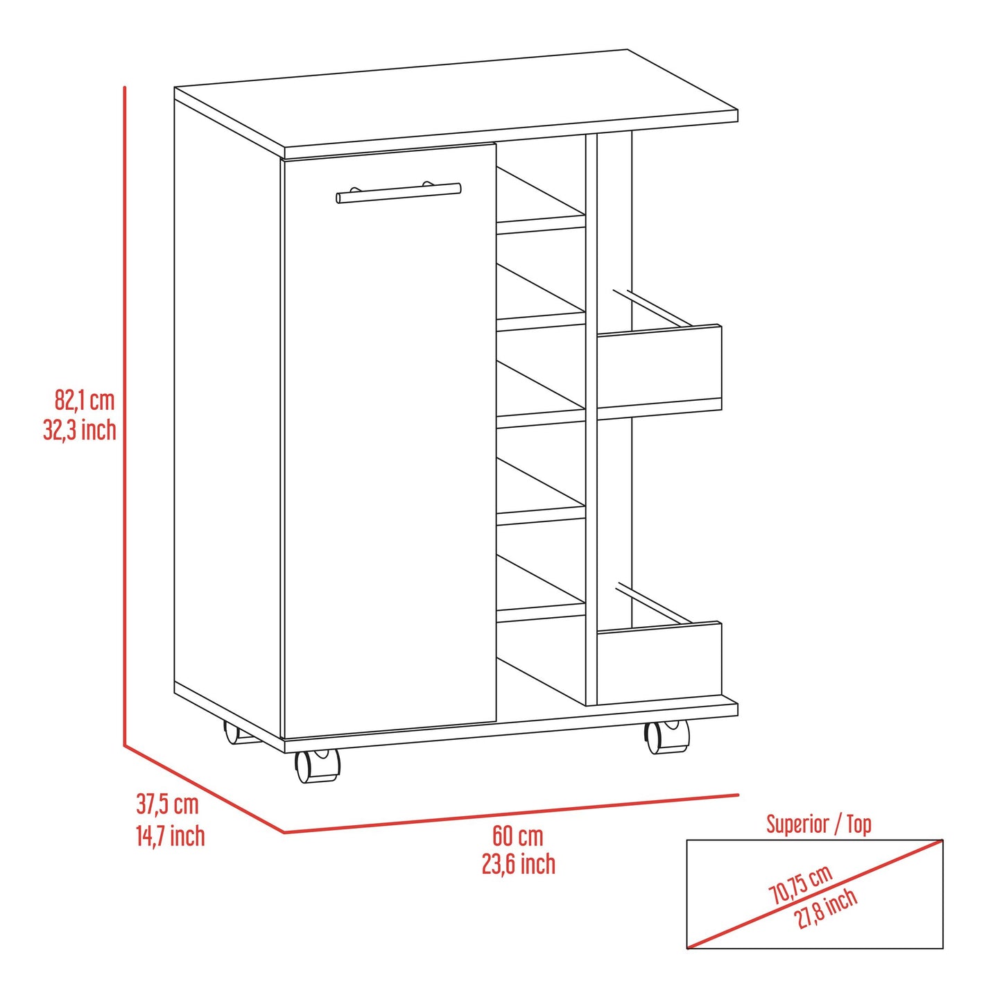 Tennessee Bar Cart, One Cabinet With Division, Six Cubbies For liquor, Two Shelves image 5