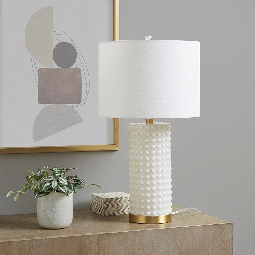 Textured Dot Table Lamp white glass gold base drum shade front view