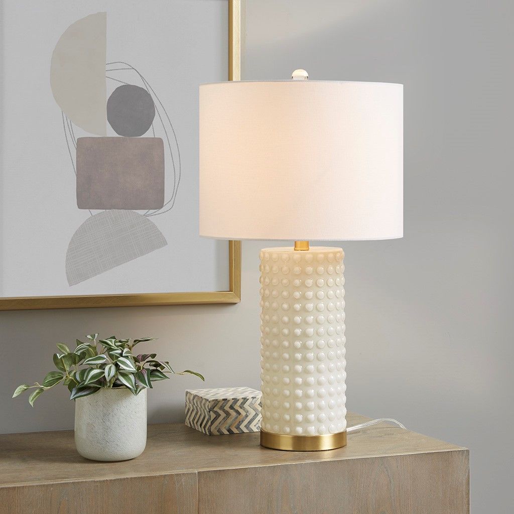 Textured Dot Table Lamp white glass gold base drum shade side view