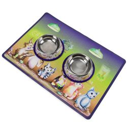 The Regulars Cat Bowls and Mat - bar-themed cat feeding set with stainless steel bowls and silicone mat