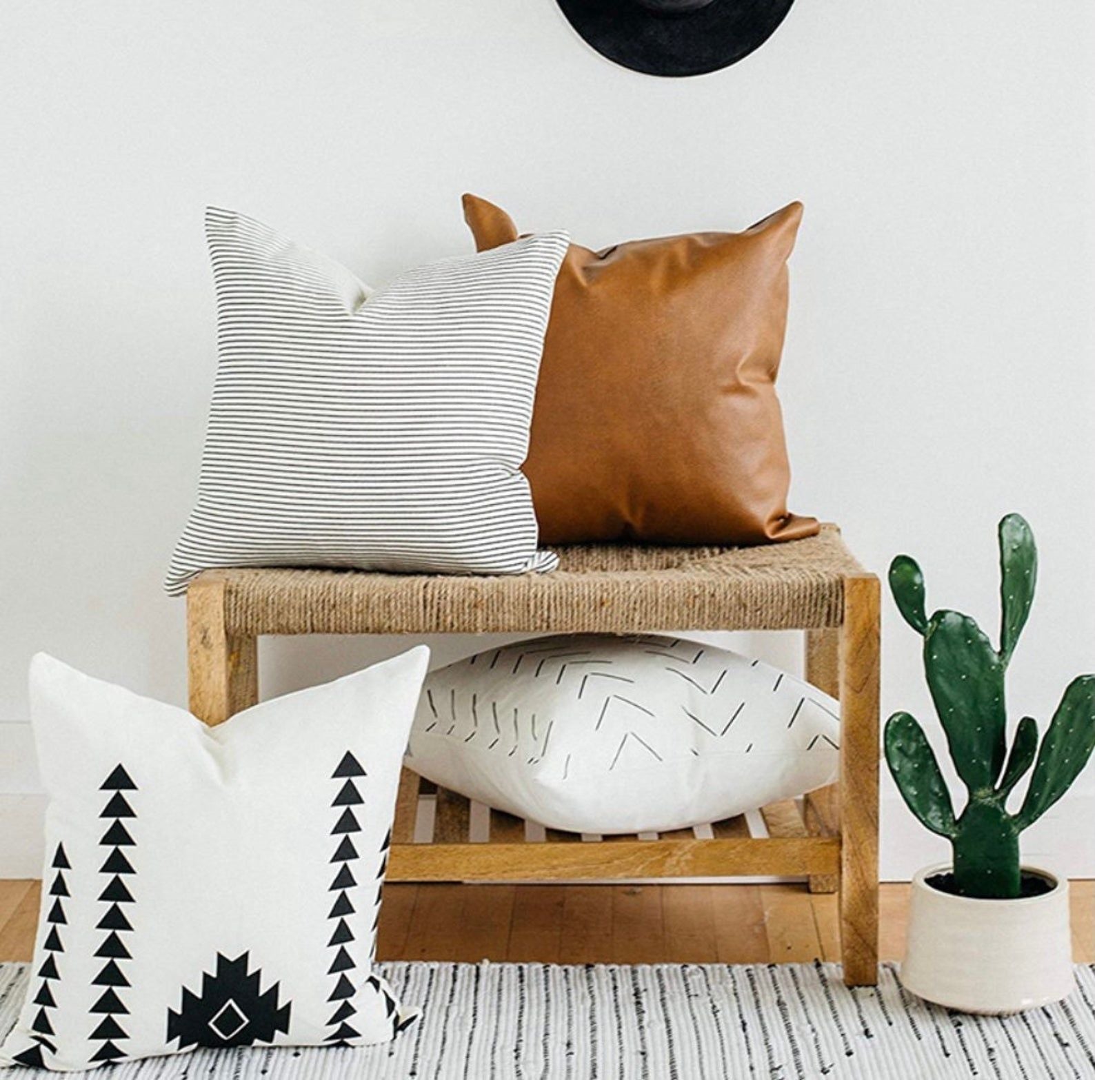 Throw Pillow Set of 4, Faux leather and cotton accent pillows image 1