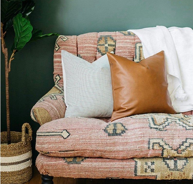 Throw Pillow Set of 4, Faux leather and cotton accent pillows image 4